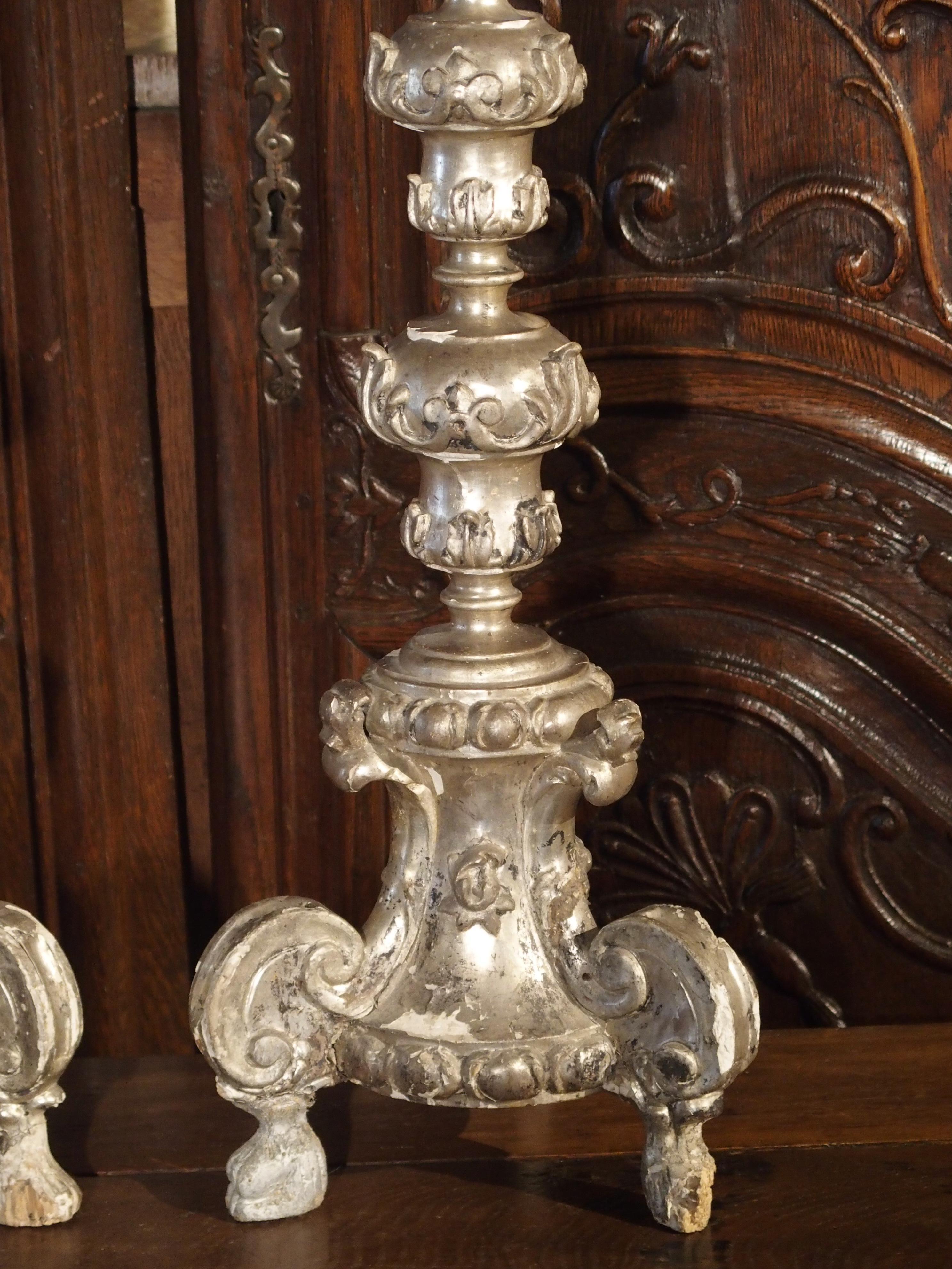 18th Century and Earlier Pair of Tall 17th Century Silverleaf Candlesticks from Italy