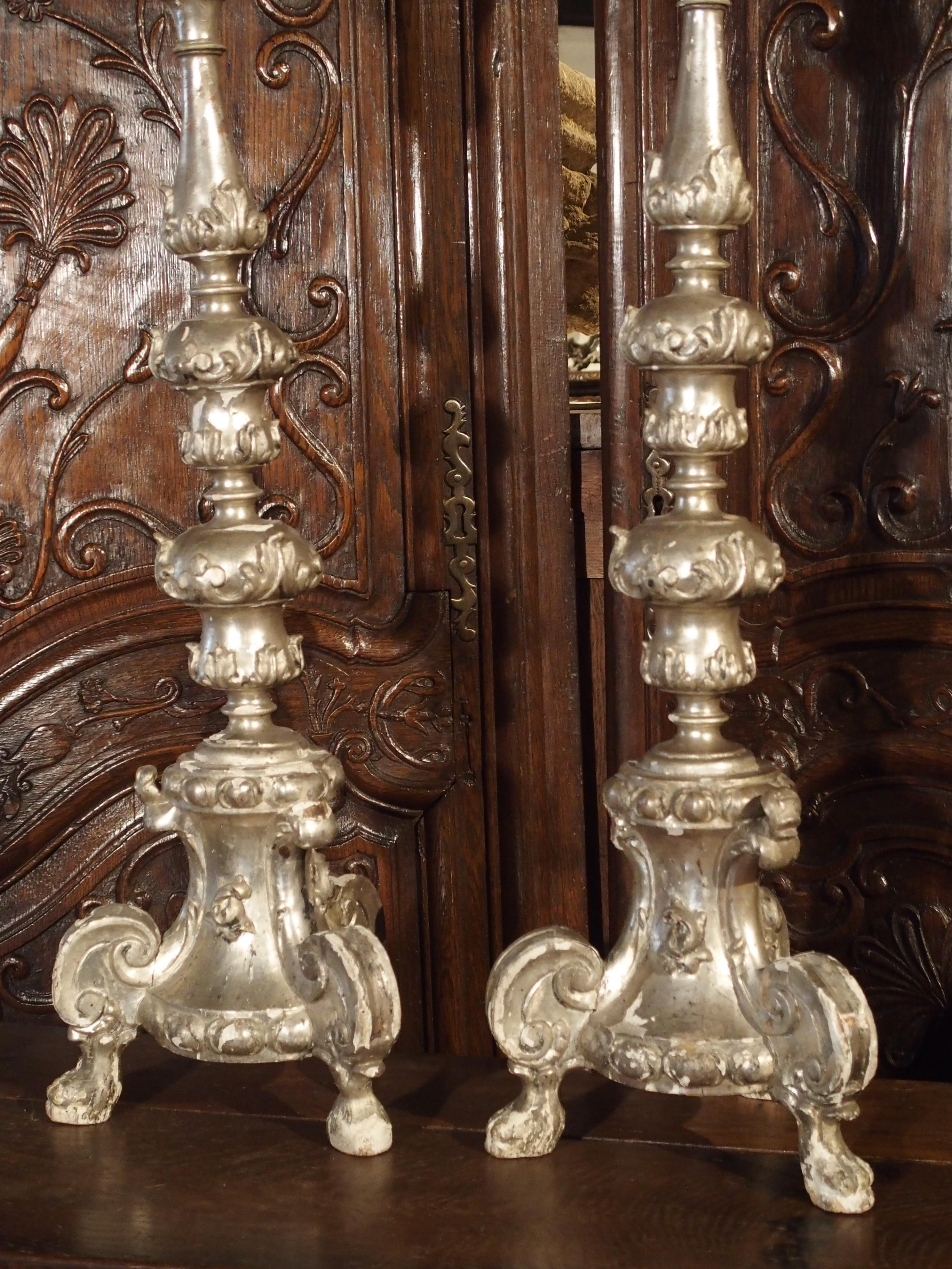 18th Century and Earlier Pair of Tall 17th Century Silverleaf Candlesticks from Italy
