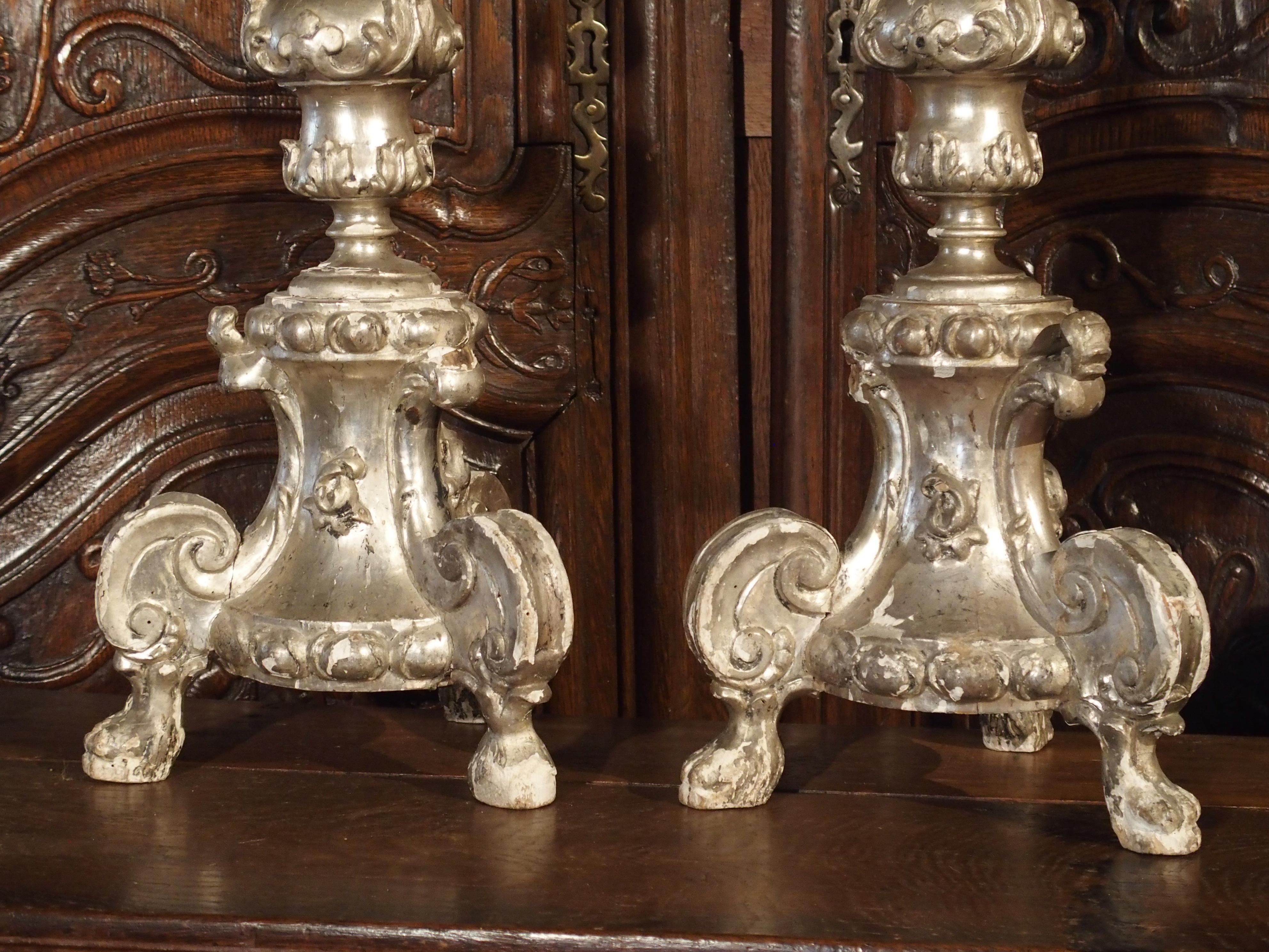 Silver Leaf Pair of Tall 17th Century Silverleaf Candlesticks from Italy