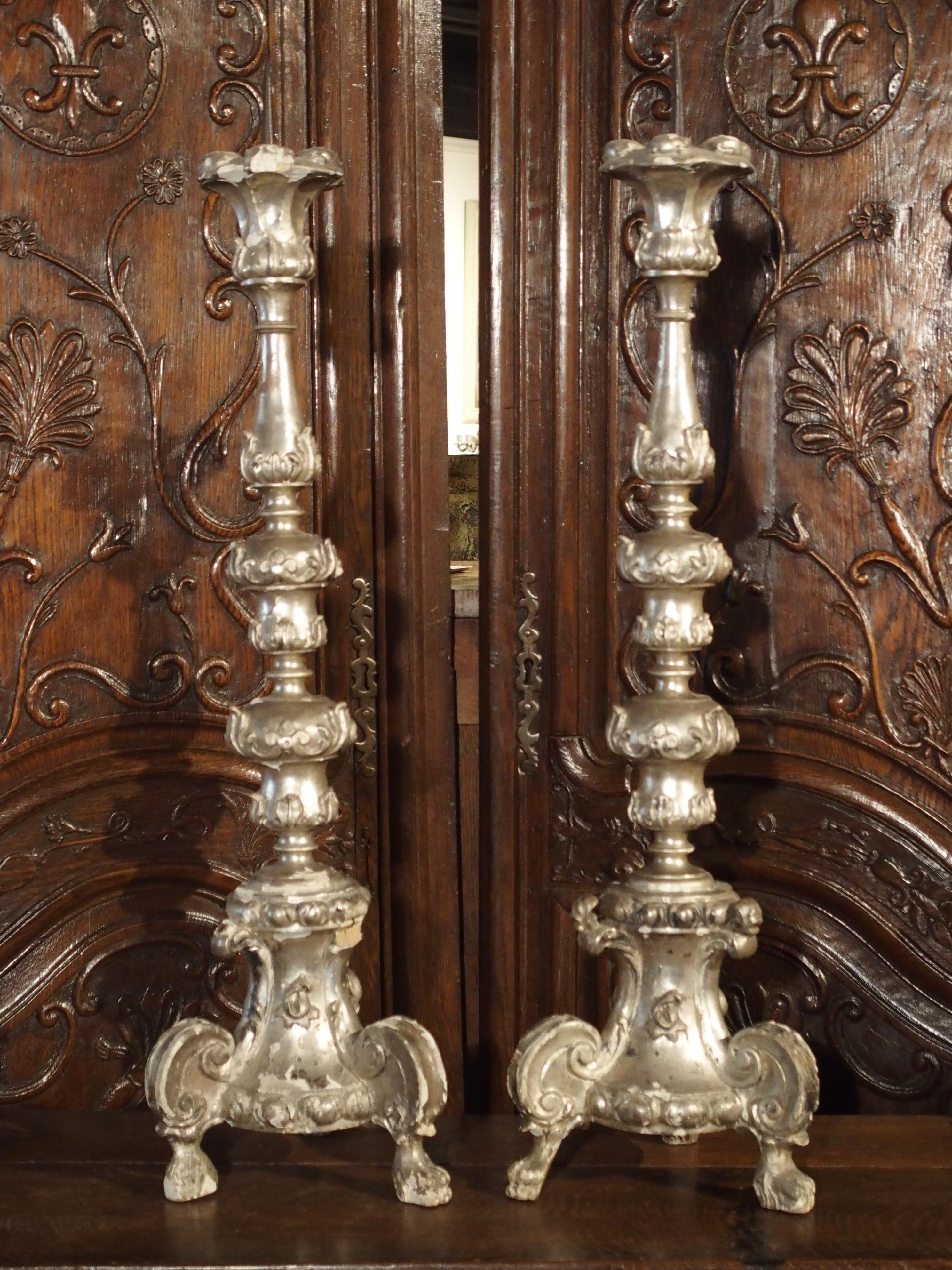 Pair of Tall 17th Century Silverleaf Candlesticks from Italy 2