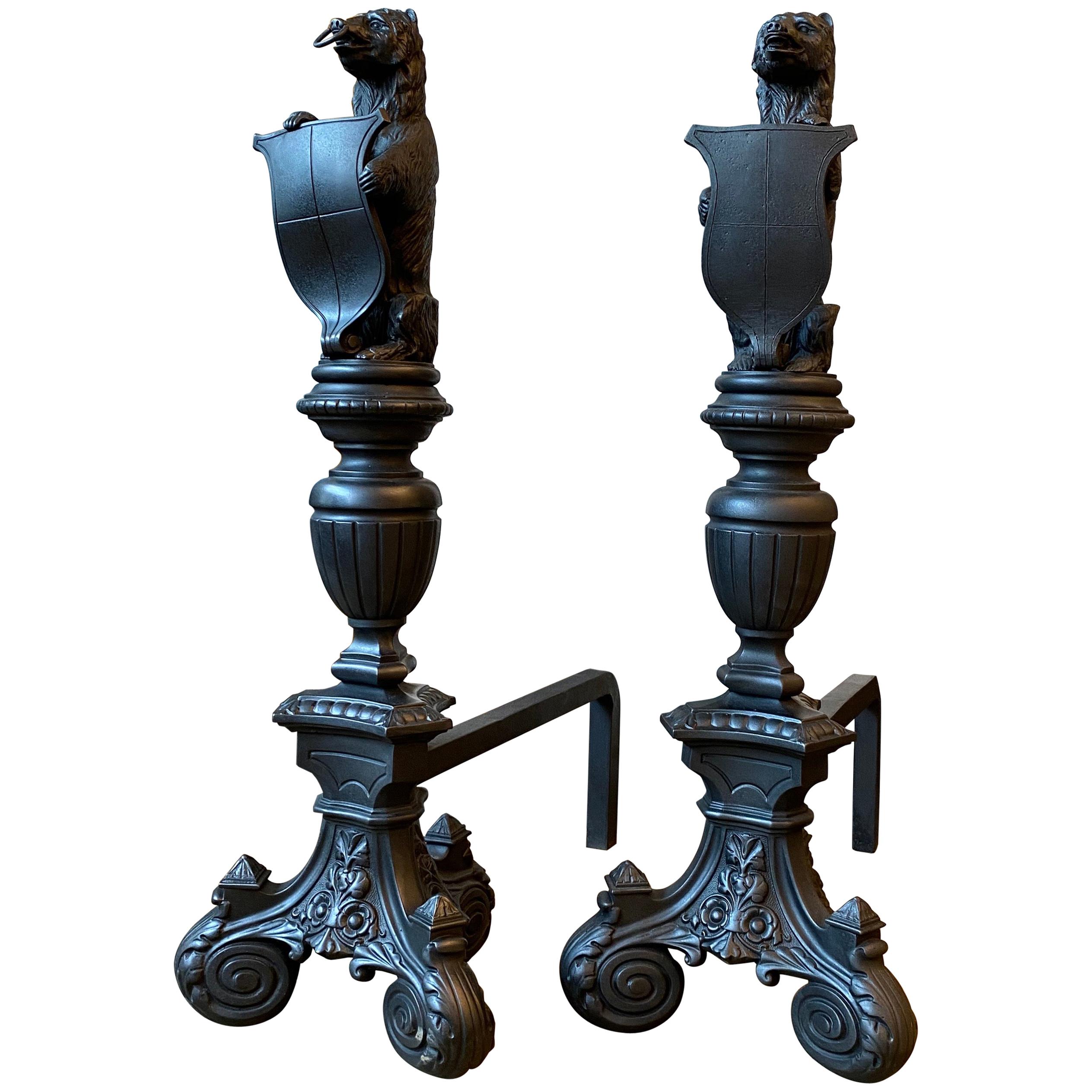 Pair of Tall Antique Cast Iron Fire Dogs For Sale