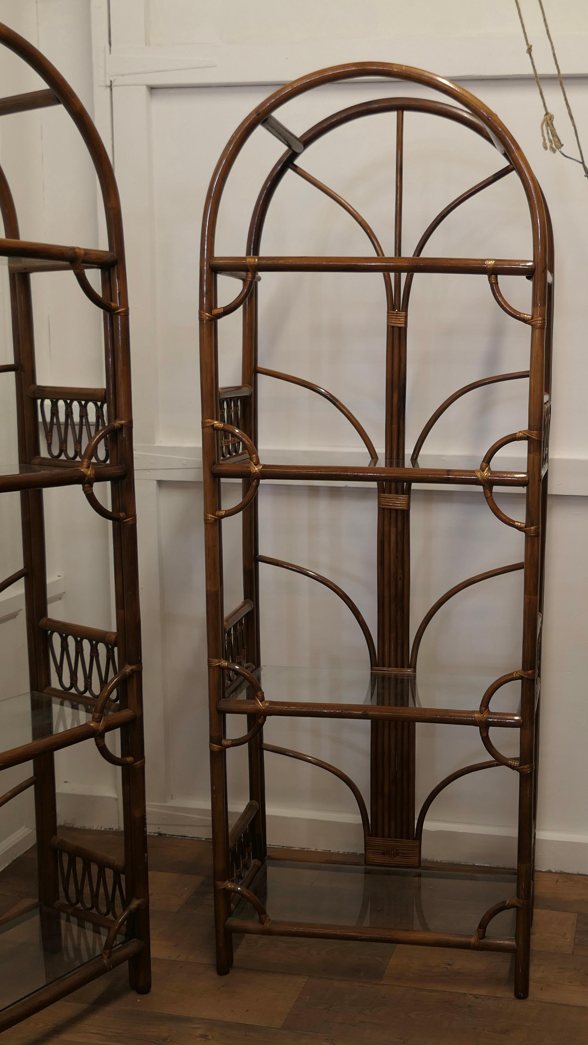 A Pair of Tall Bamboo and Glass Bookcases, Room Dividers 

These are a pair of midcentury Age Darkened Bamboo Bookshelves, beautifully and sturdily designed with arched tops and 4 long glass shelves each
The shelves are free standing and in good