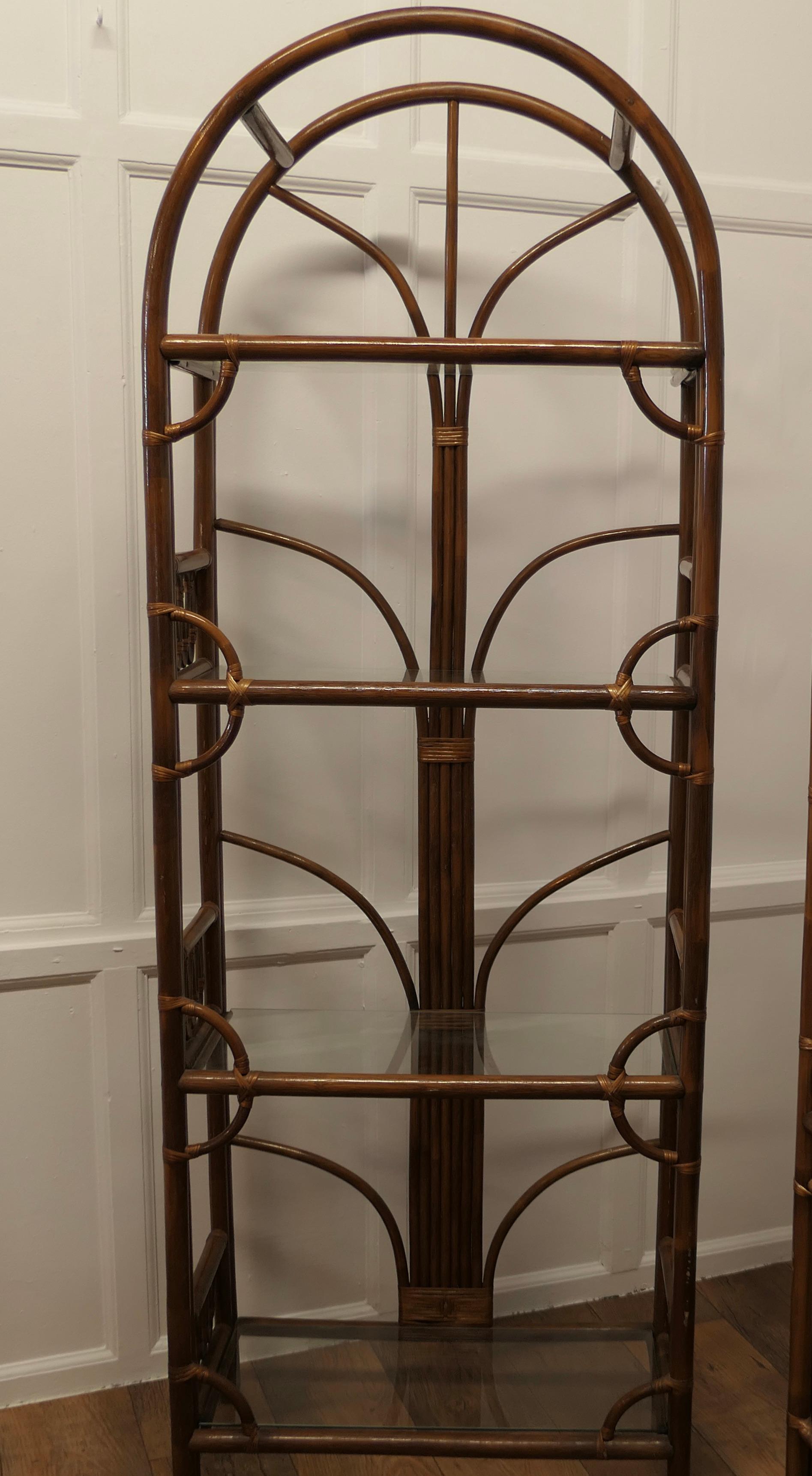 Mid-Century Modern Pair of Tall Bamboo and Glass Bookcases, Room Dividers For Sale