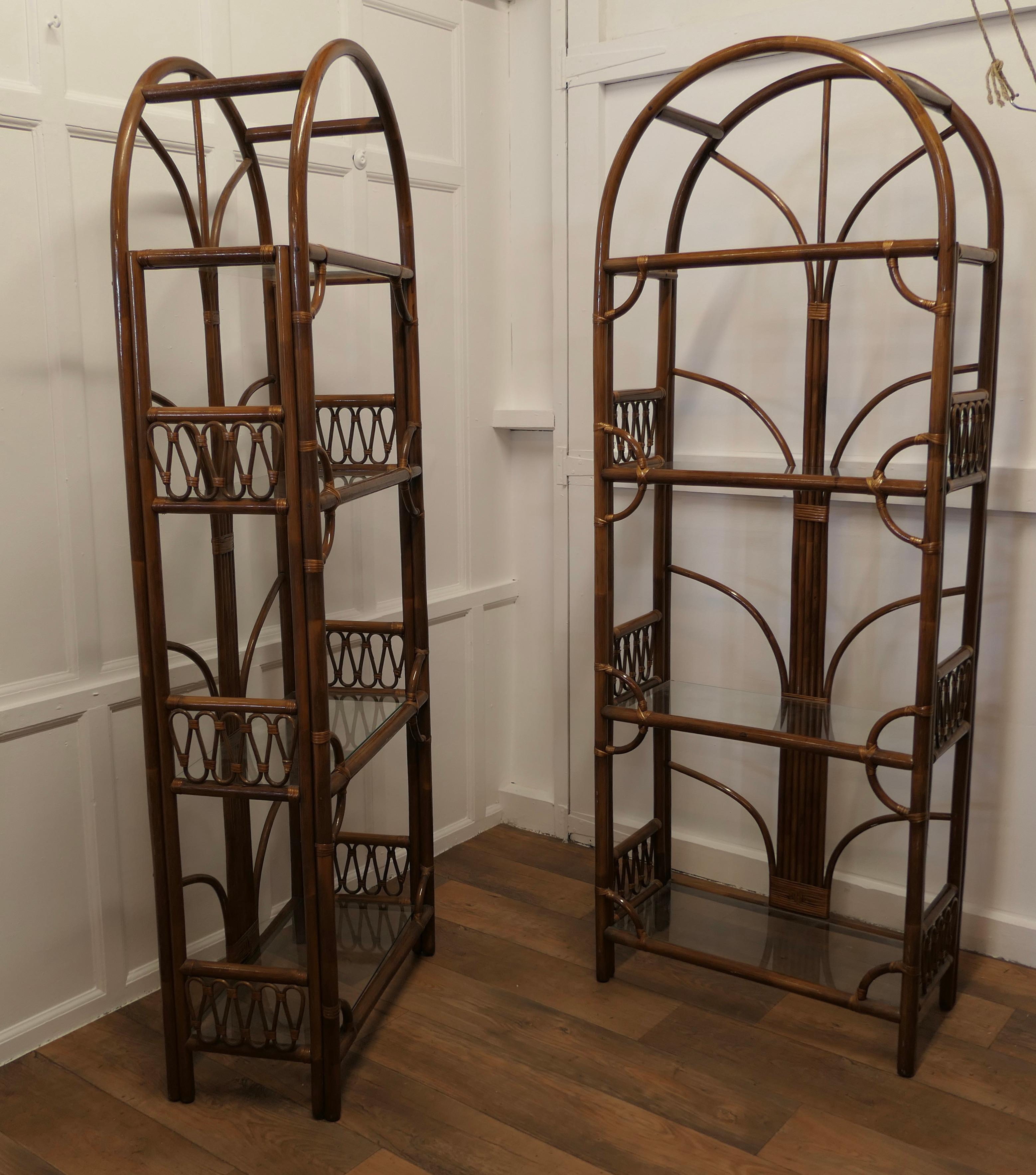Mid-20th Century Pair of Tall Bamboo and Glass Bookcases, Room Dividers For Sale