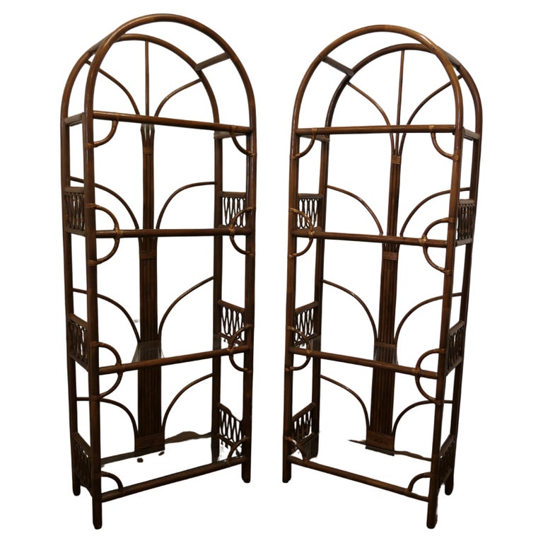 Pair of Tall Bamboo and Glass Bookcases, Room Dividers For Sale at 1stDibs