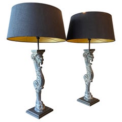Pair of Tall Carved Stone Monopedia Table Lamps
