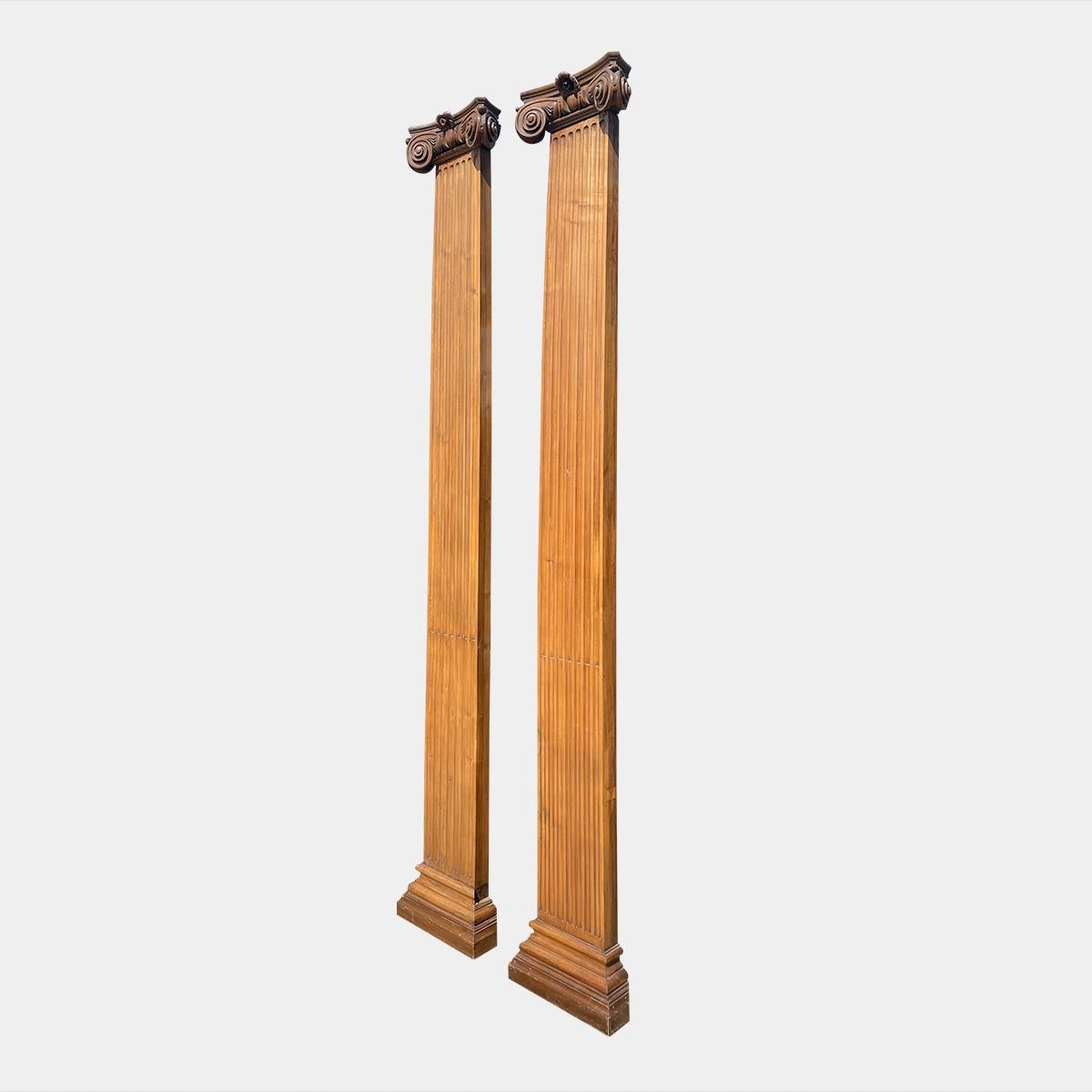 A pair of carved walnut pilasters 

Tall pilasters with Ionic carved capitals carved in egg and dart with floral design. The supports with stop fluted carvings and supported on plinths. 

Images are a true reflection of condition and colour 

In