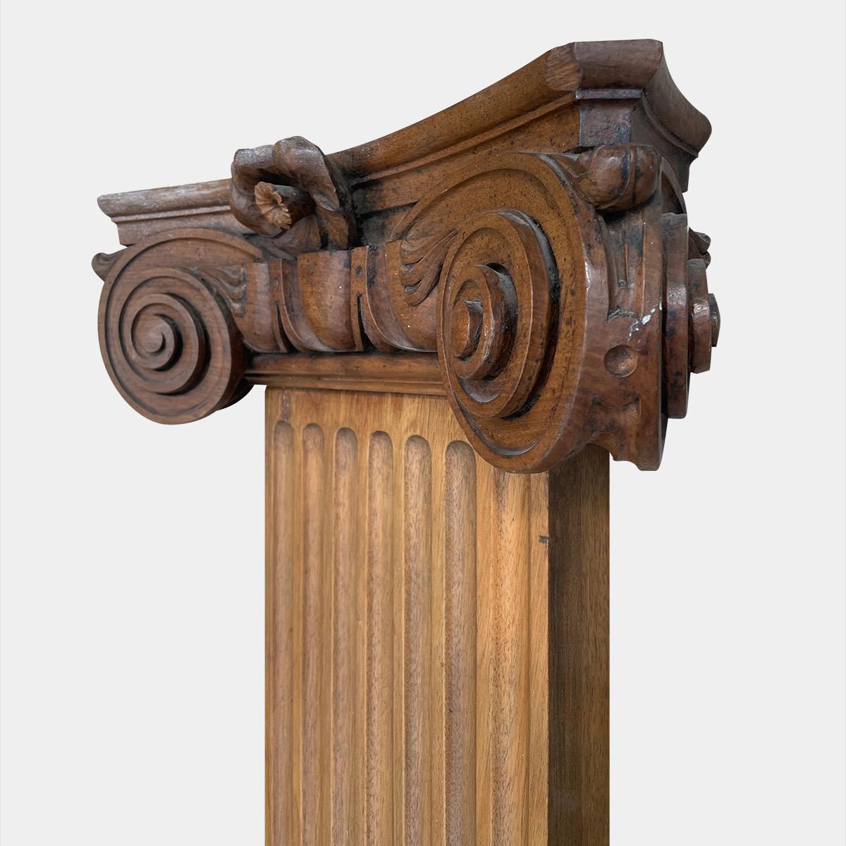 Neoclassical Pair of Tall Carved Walnut Ionic Pilaster/Columns