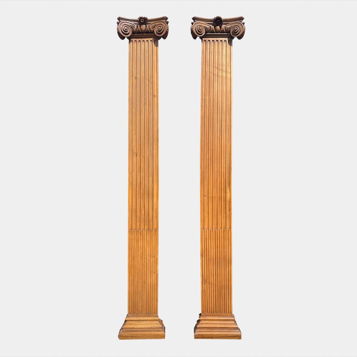 20th Century Pair of Tall Carved Walnut Ionic Pilaster/Columns