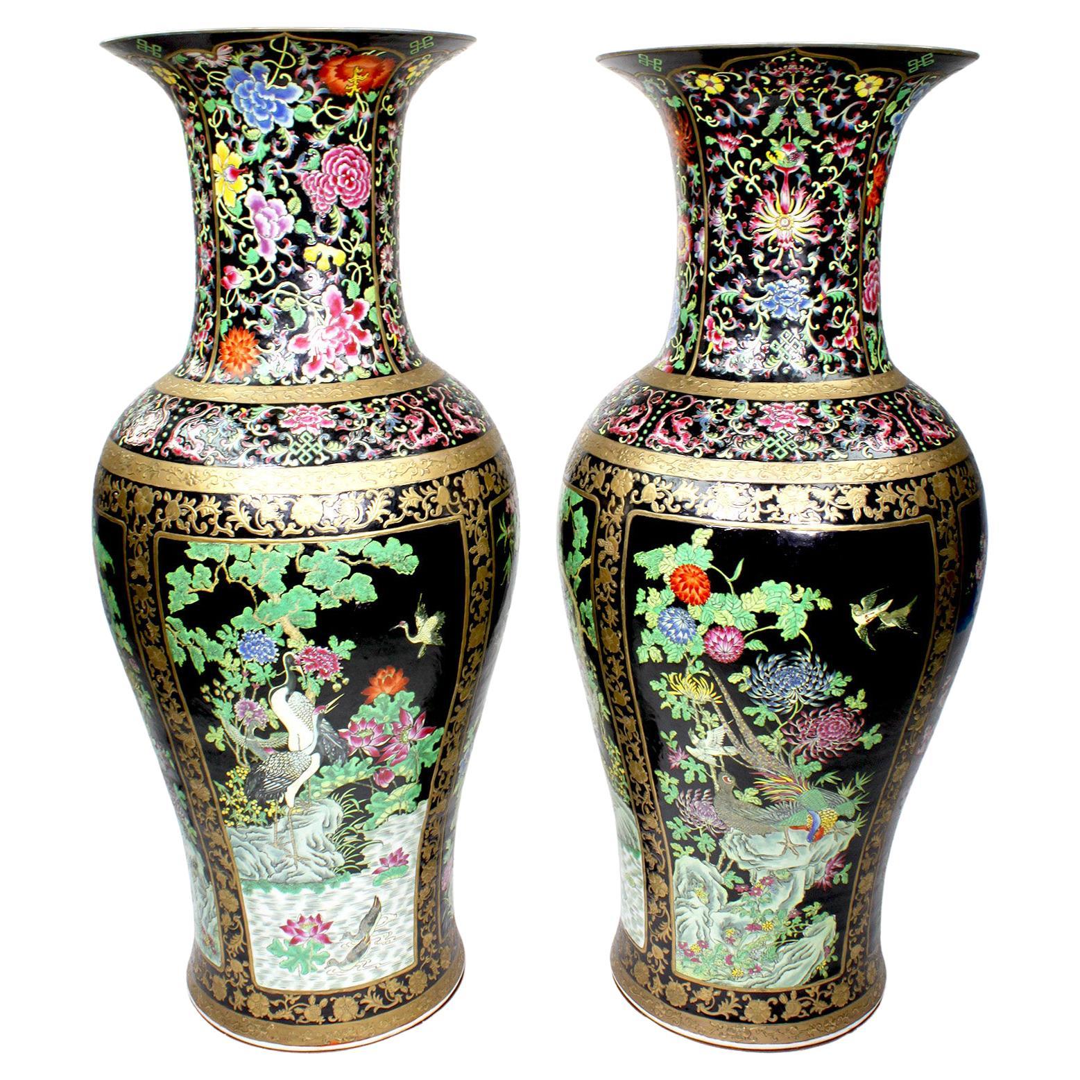 A Pair of Tall Chinese Export Porcelain Figural Vases with Birds and Flowers