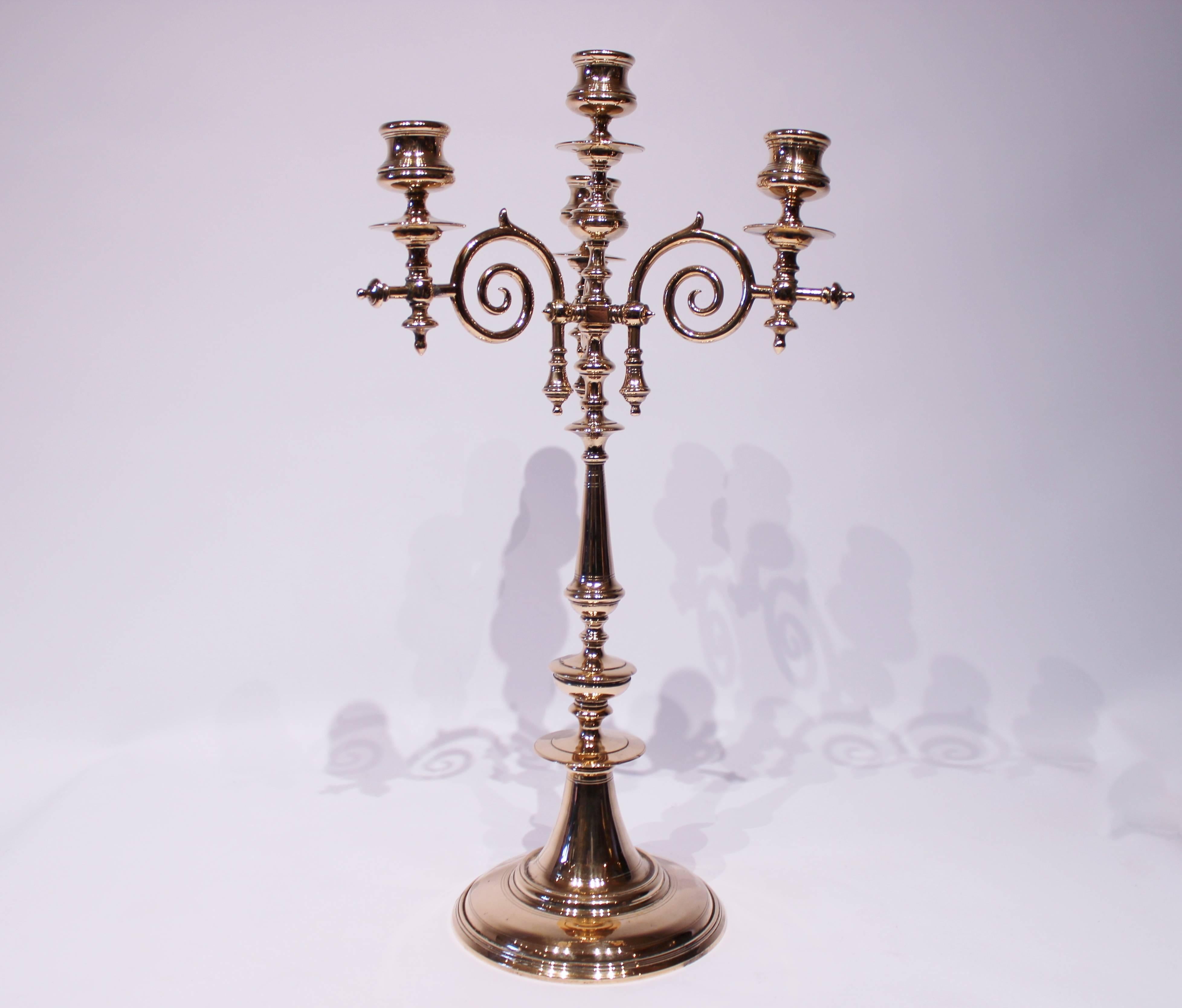 Other Pair of Tall Four-Armed Brass Candlesticks, circa 1880s