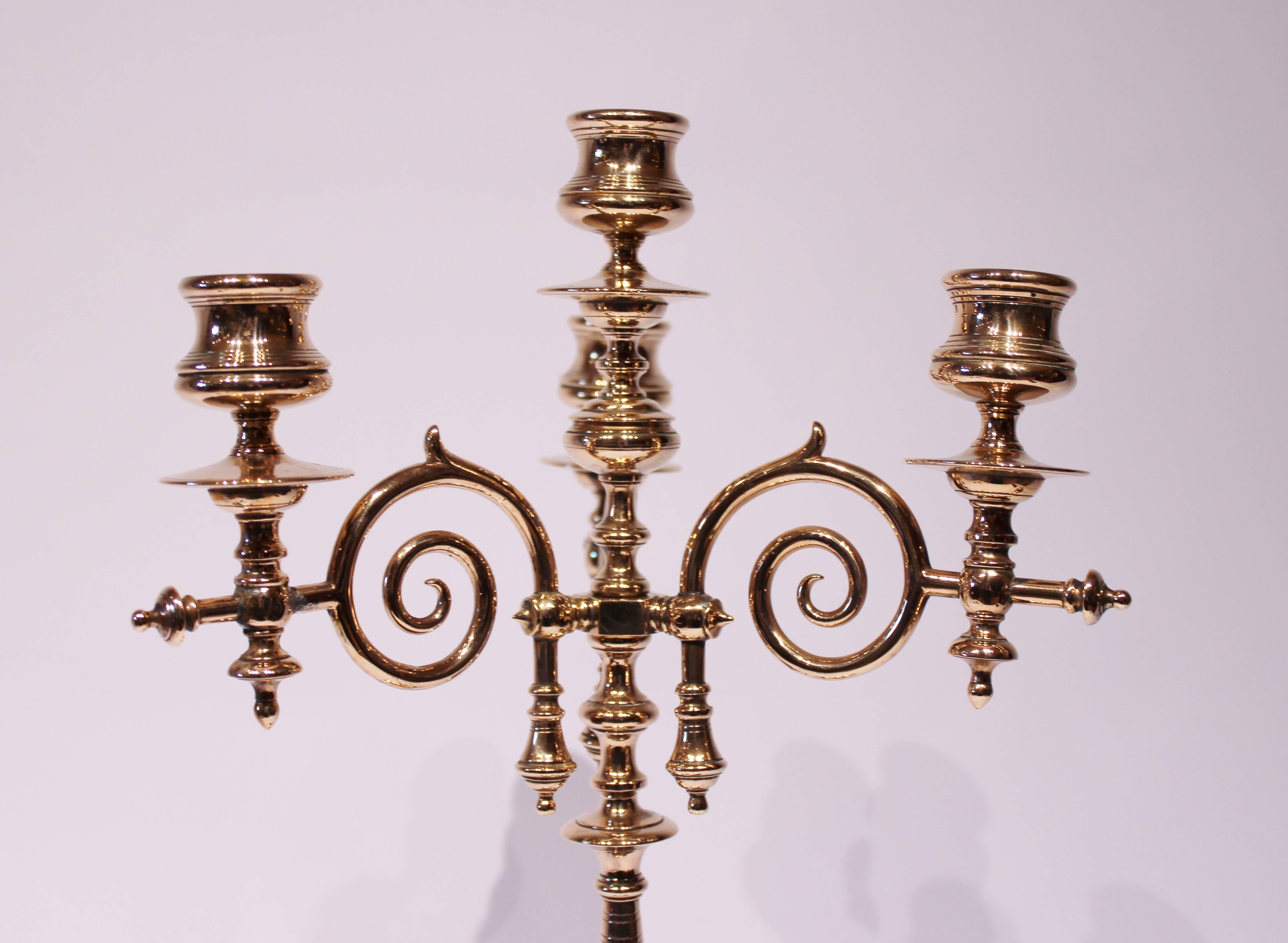 Danish Pair of Tall Four-Armed Brass Candlesticks, circa 1880s