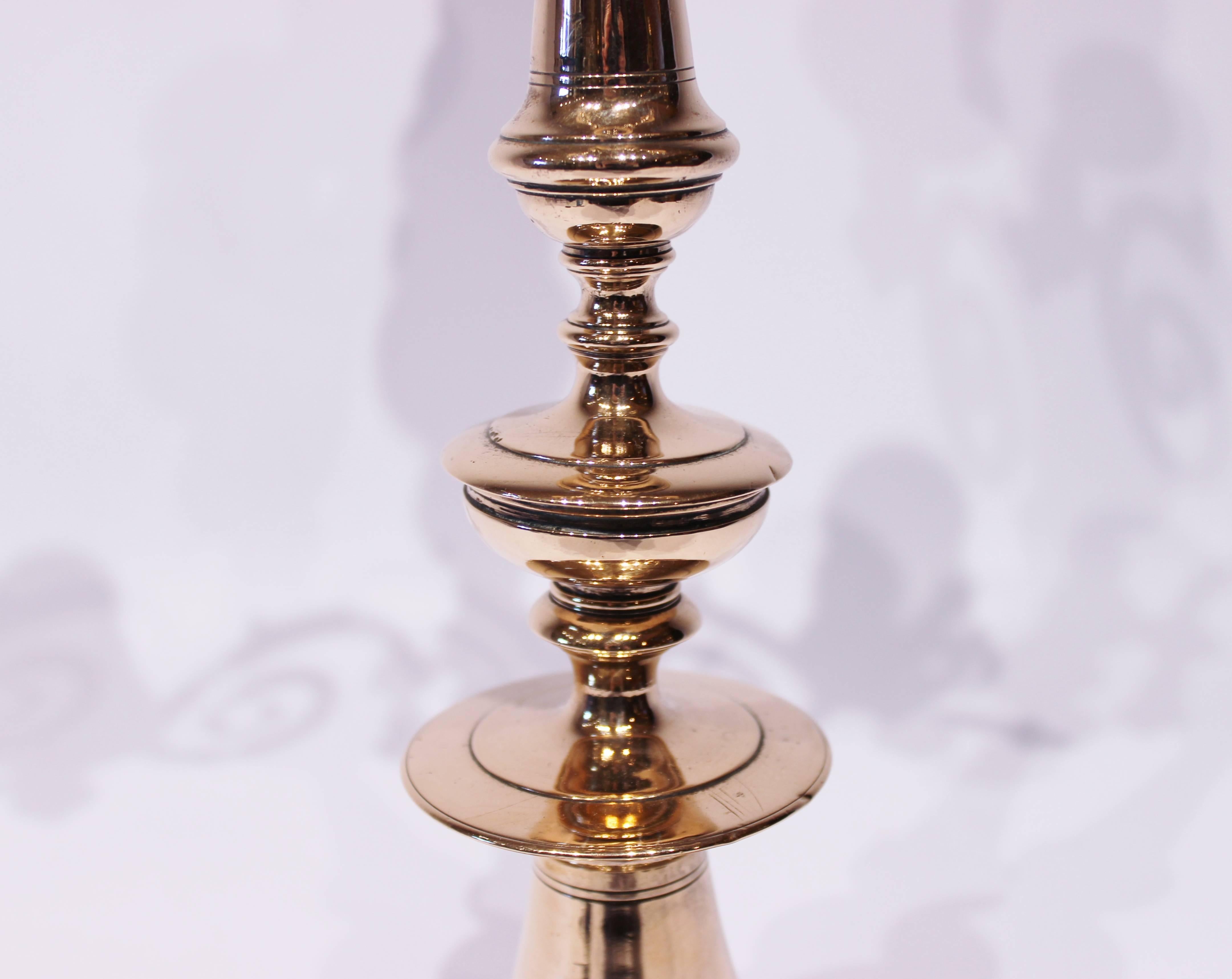 Pair of Tall Four-Armed Brass Candlesticks, circa 1880s In Good Condition In Lejre, DK