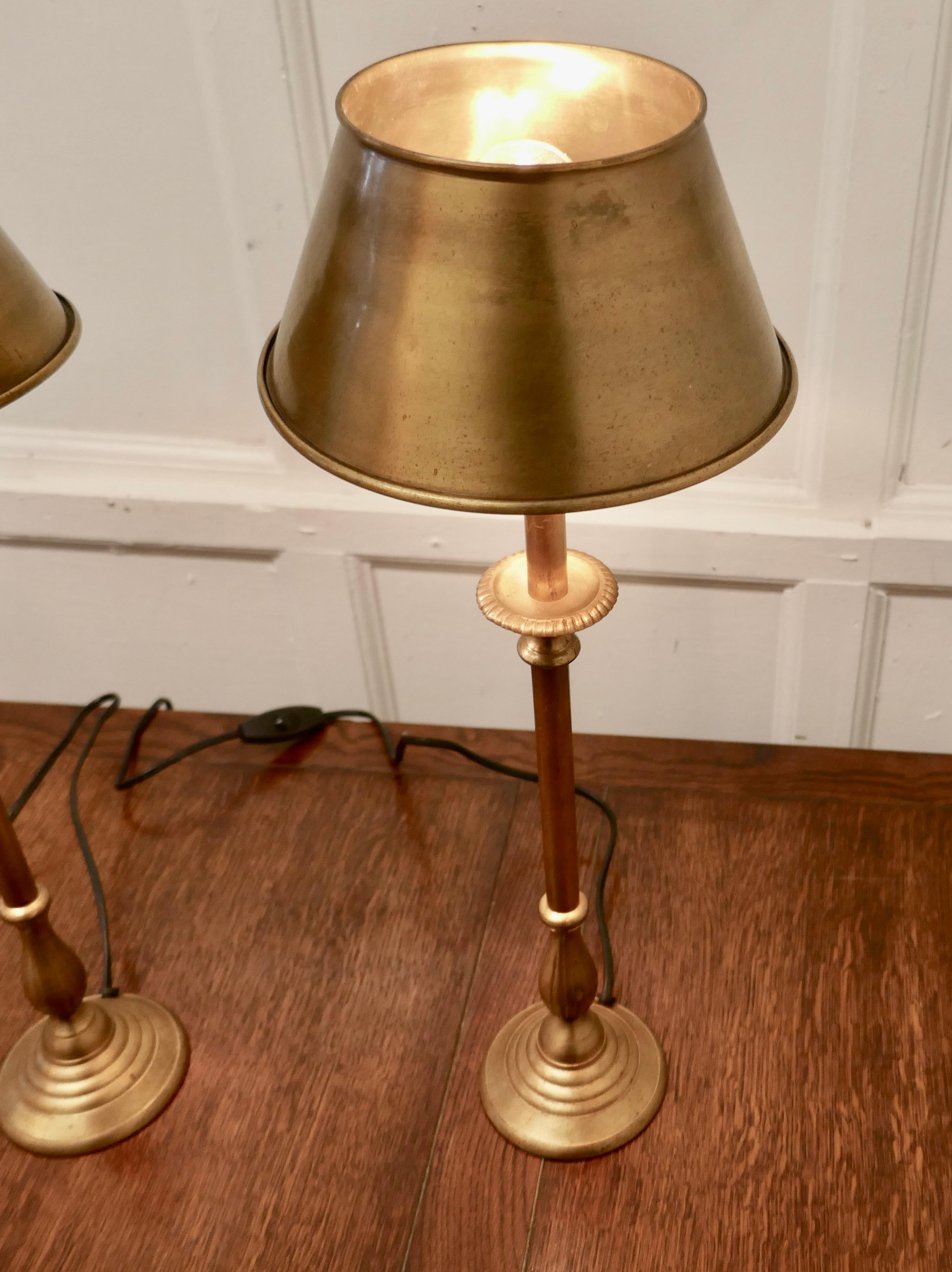 Mid-Century Modern Pair of Tall French Brass Column Table Lamps with Brass Shades