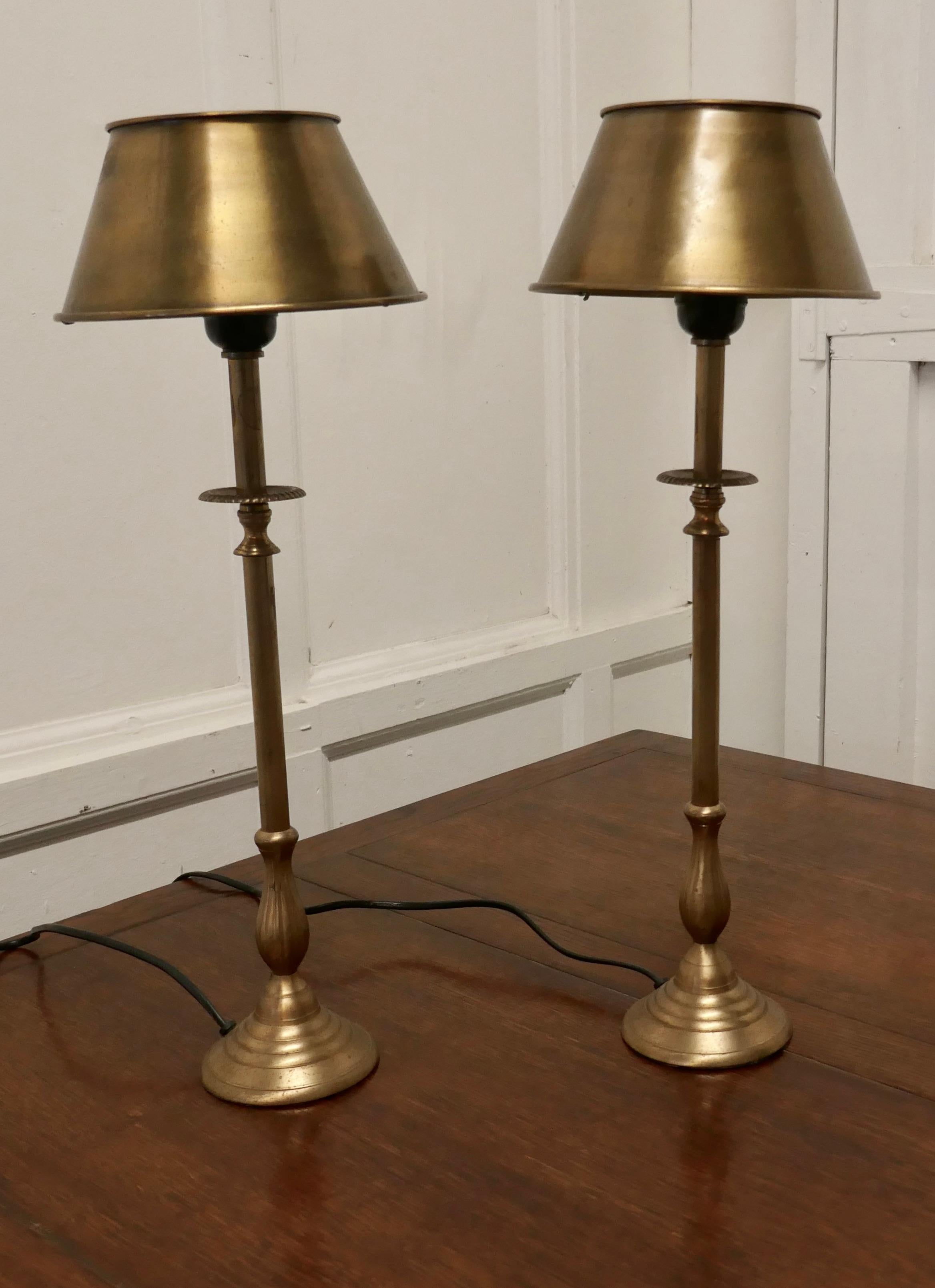 Pair of Tall French Brass Column Table Lamps with Brass Shades In Good Condition In Chillerton, Isle of Wight