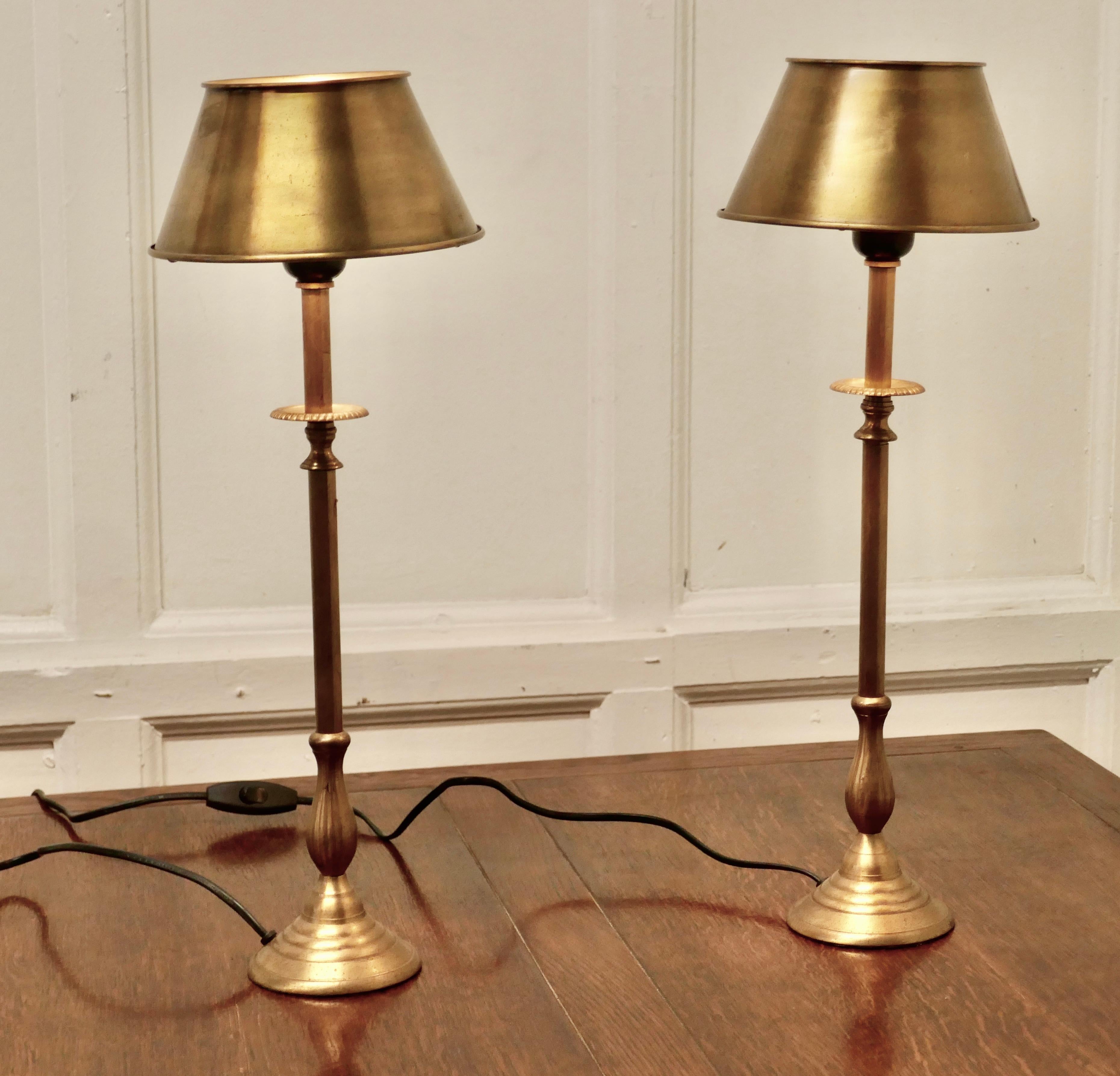 20th Century Pair of Tall French Brass Column Table Lamps with Brass Shades