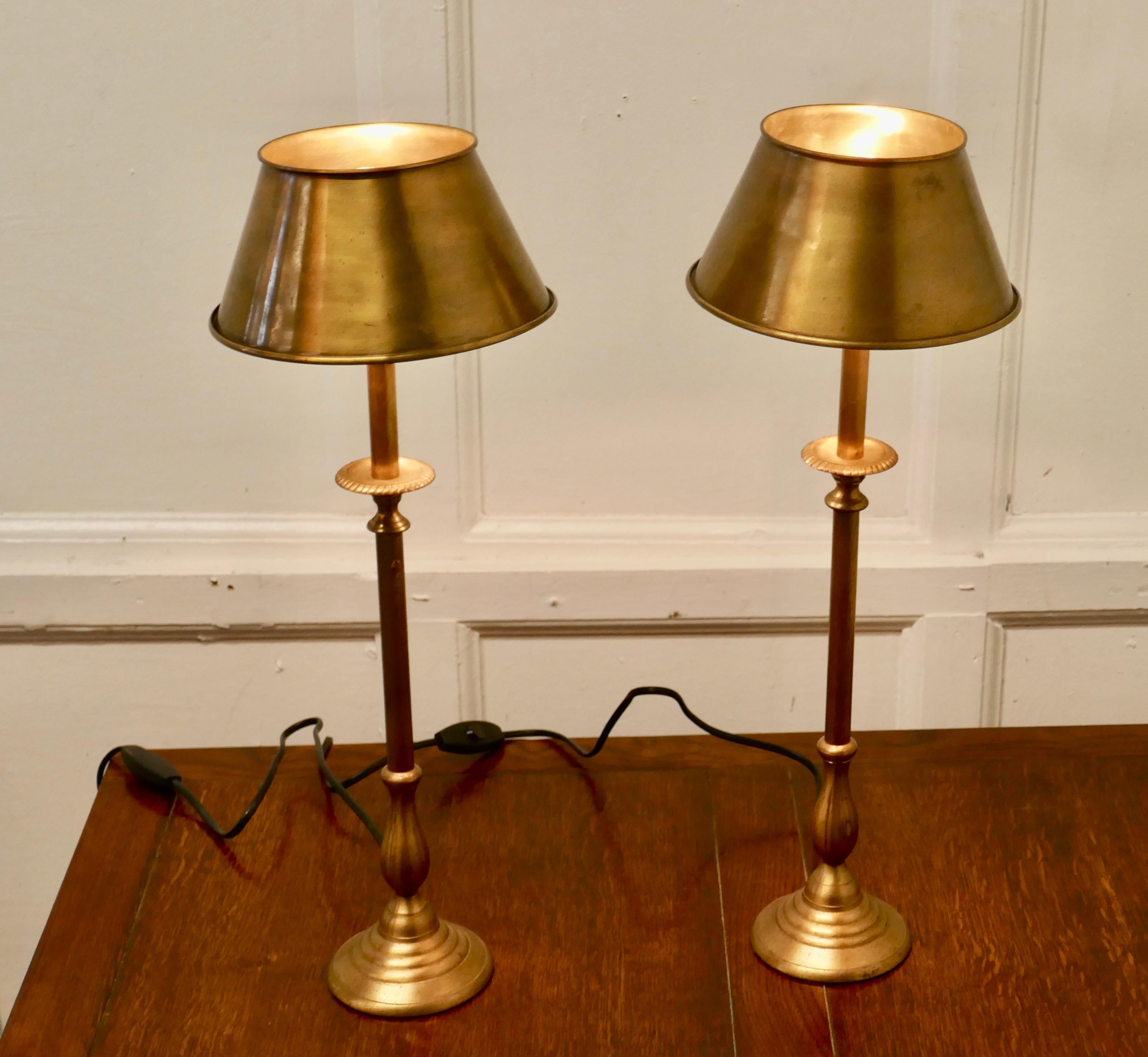 Pair of Tall French Brass Column Table Lamps with Brass Shades 1