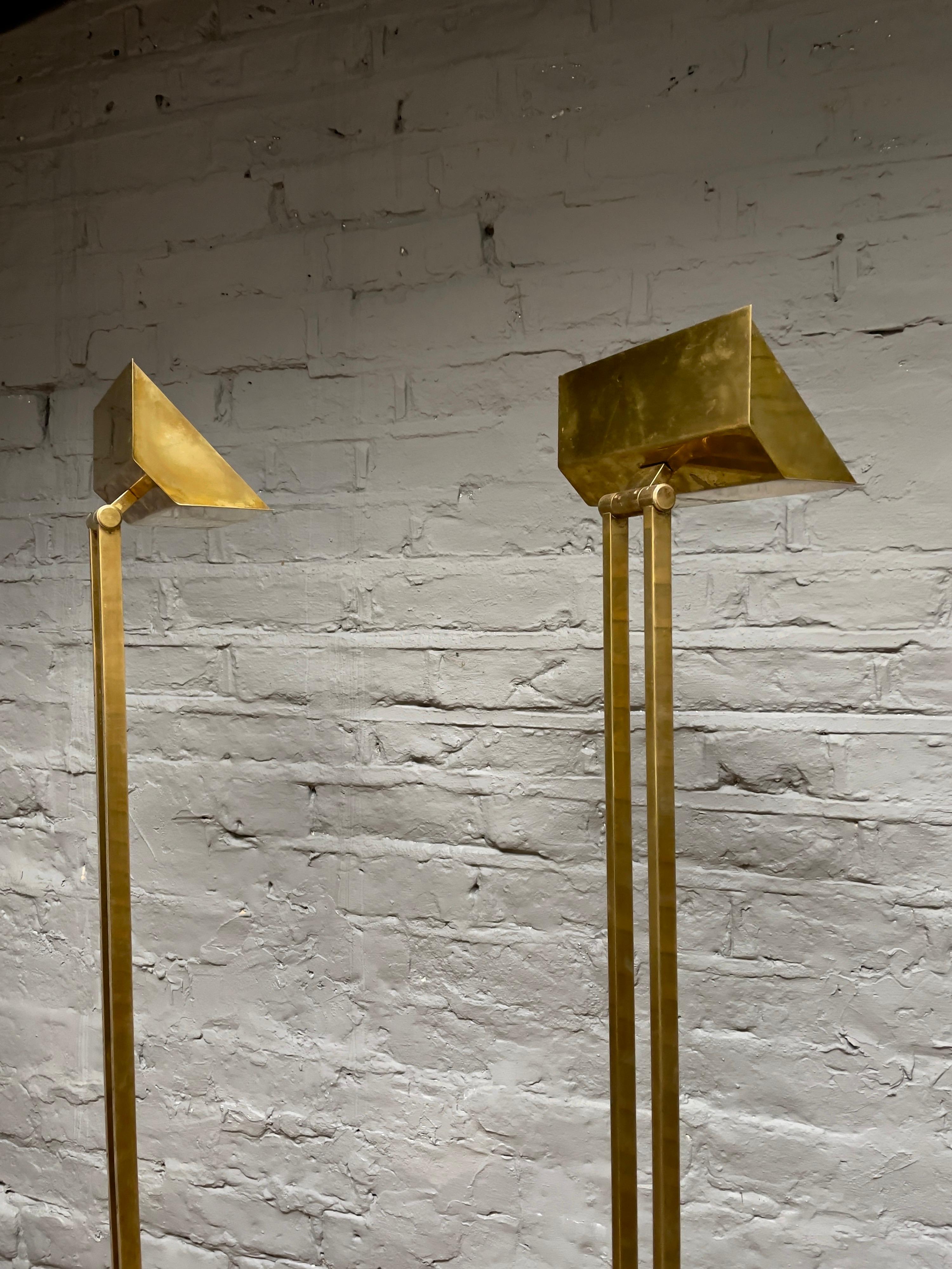 Mid-20th Century Pair of Tall French Brass Uplighter Floor Lamps