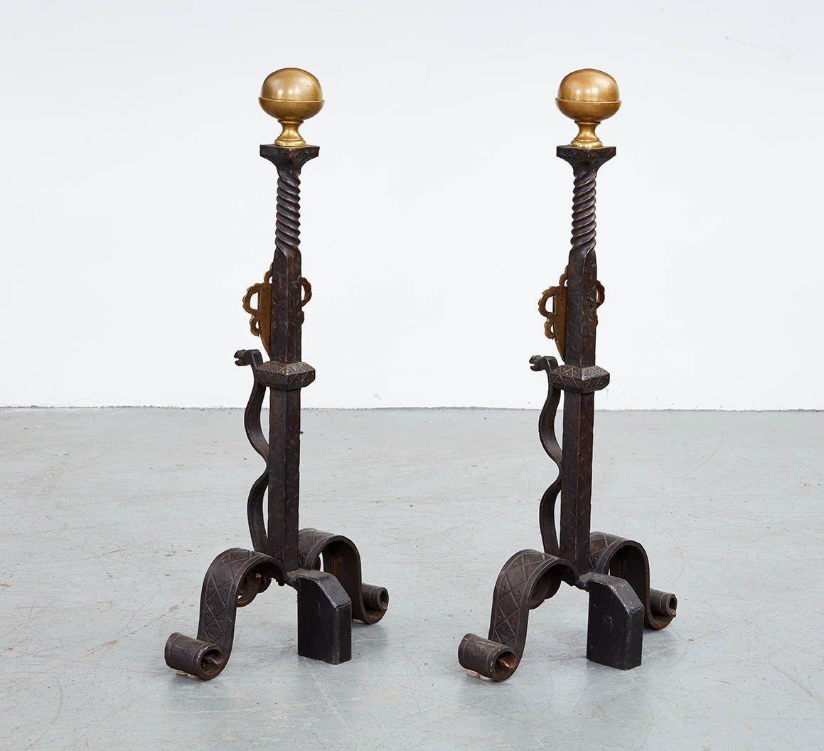 A Pair of Tall Gilded Age Bronze Shield Andirons For Sale 5