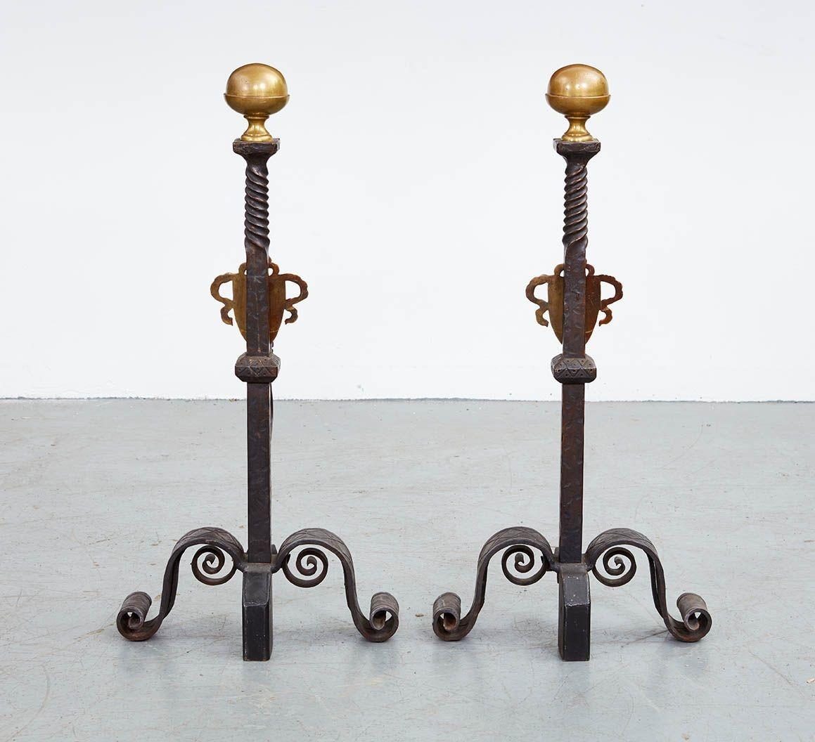 A Pair of Tall Gilded Age Bronze Shield Andirons For Sale 6