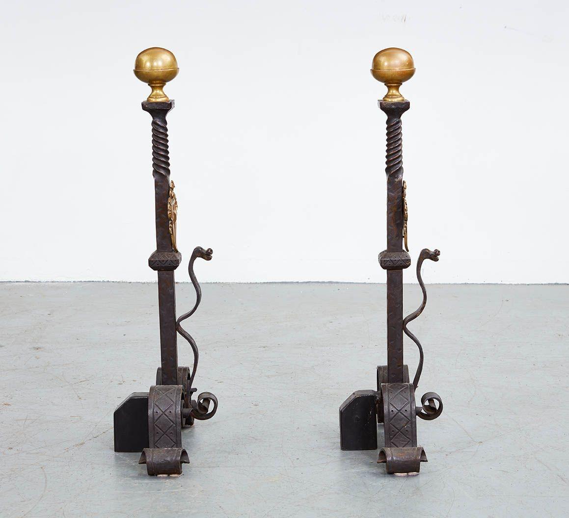 A Pair of Tall Gilded Age Bronze Shield Andirons For Sale 8