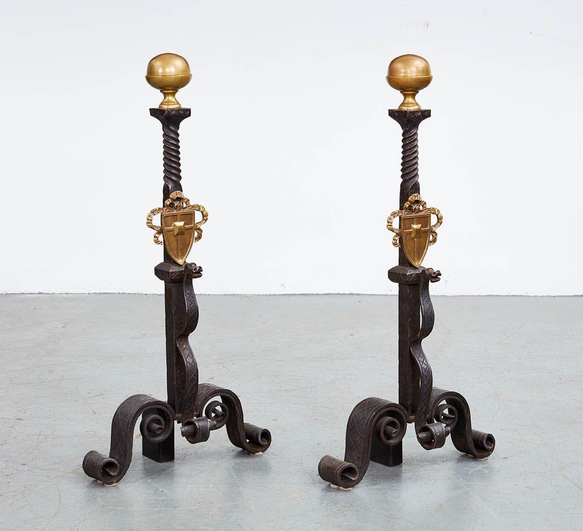 A Pair of Tall Gilded Age Bronze Shield Andirons For Sale 9