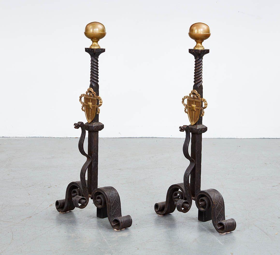 A Pair of Tall Gilded Age Bronze Shield Andirons In Good Condition For Sale In Greenwich, CT