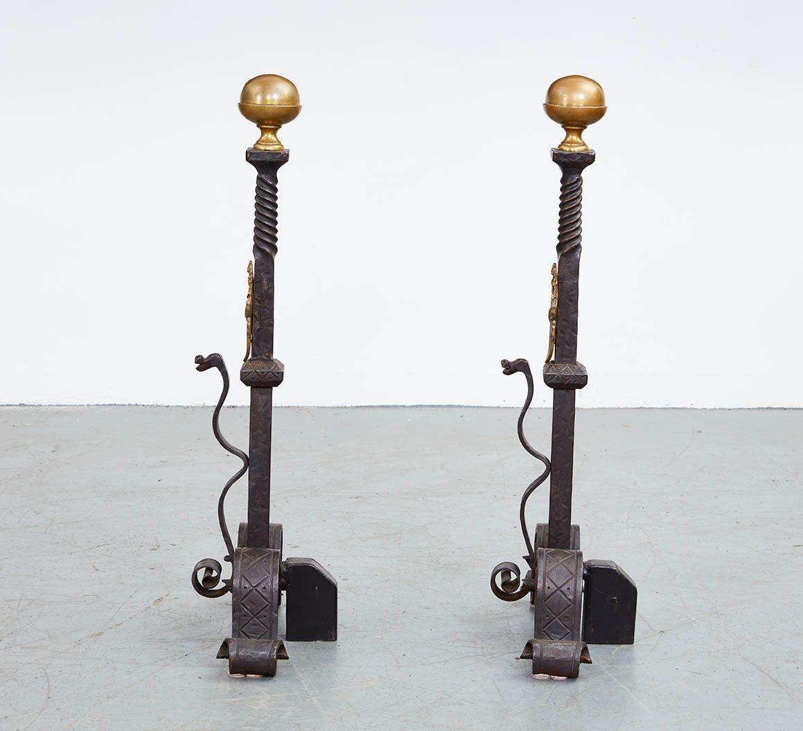 Late 19th Century A Pair of Tall Gilded Age Bronze Shield Andirons For Sale