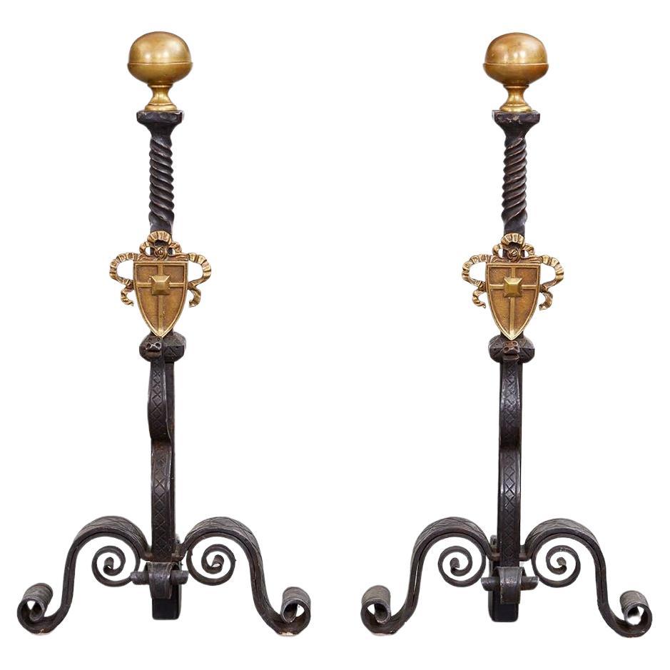 A Pair of Tall Gilded Age Bronze Shield Andirons For Sale