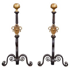 A Pair of Tall Gilded Age Bronze Shield Andirons