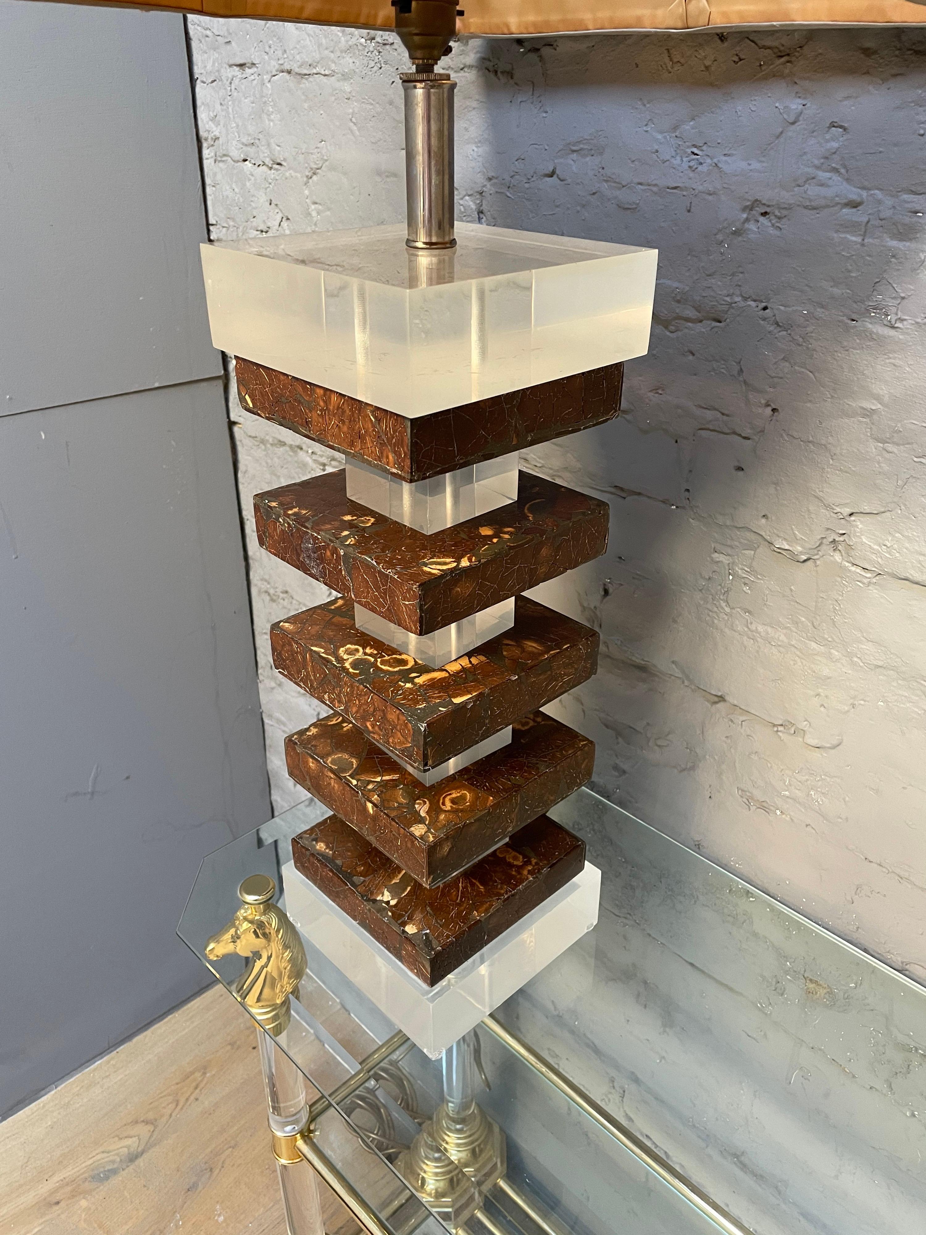 Modern Pair of Tall Lucite and Faux Tortoise Shell Stacked Table Lamps