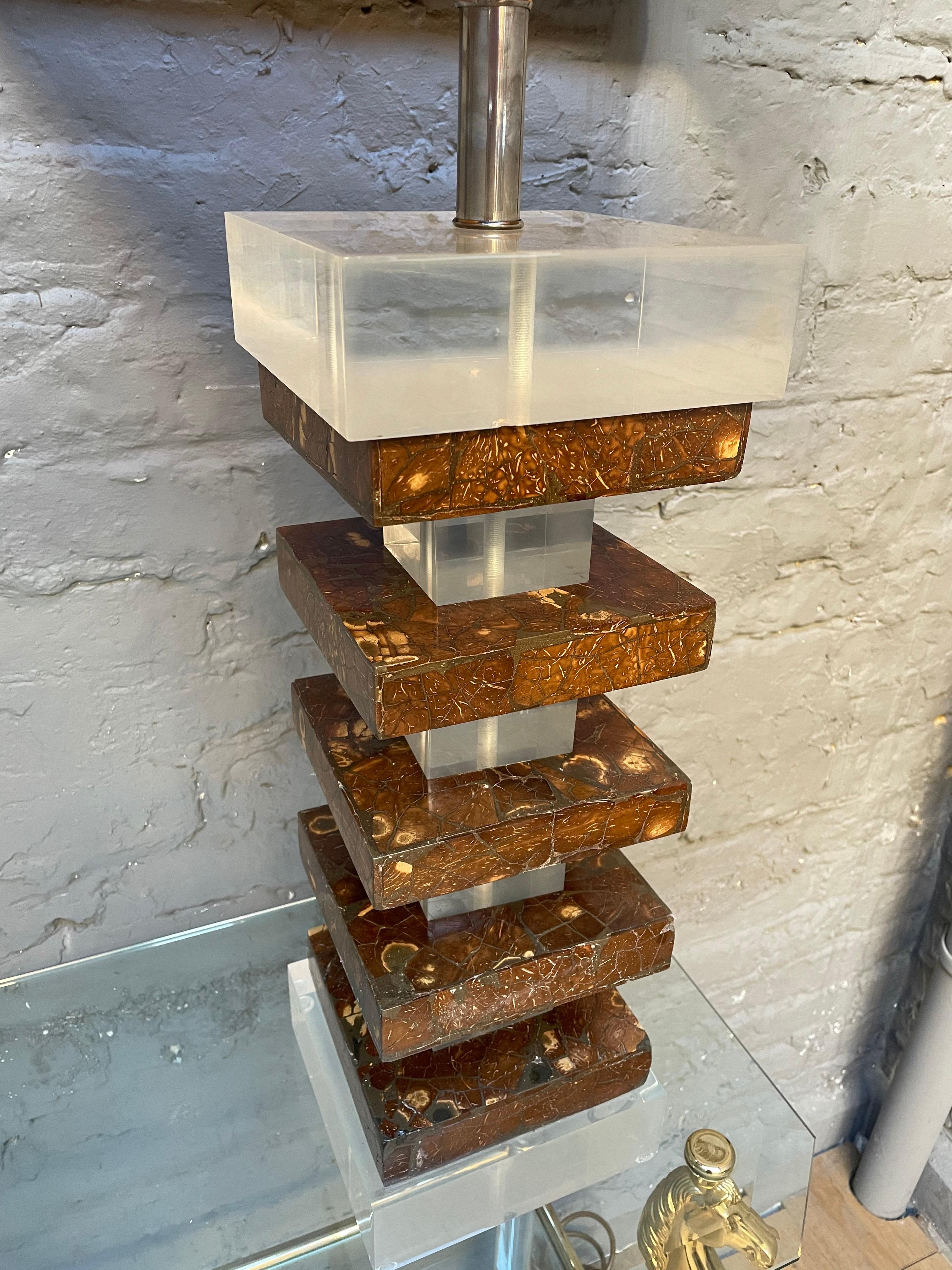 European Pair of Tall Lucite and Faux Tortoise Shell Stacked Table Lamps