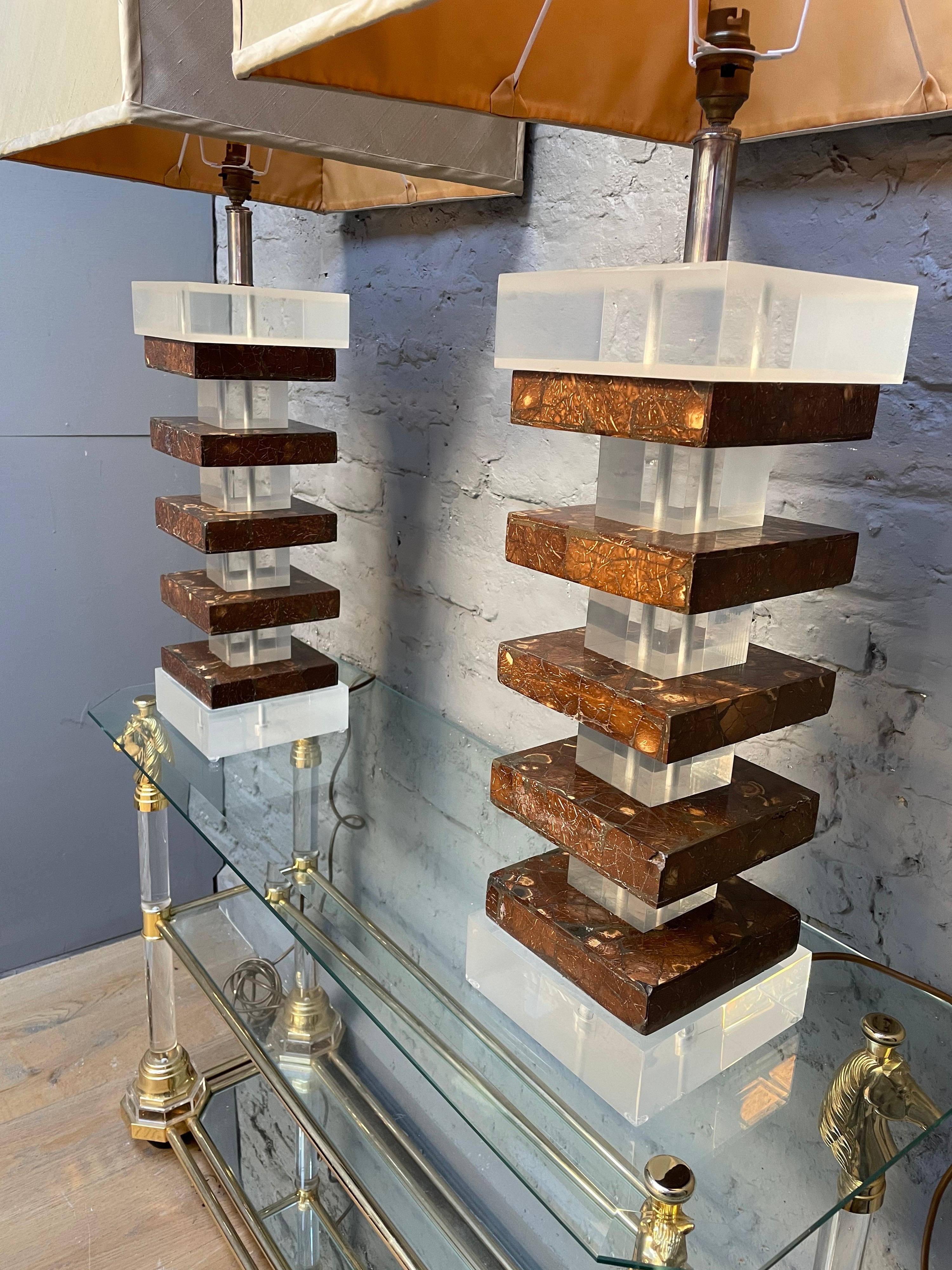 Pair of Tall Lucite and Faux Tortoise Shell Stacked Table Lamps In Good Condition In London, GB