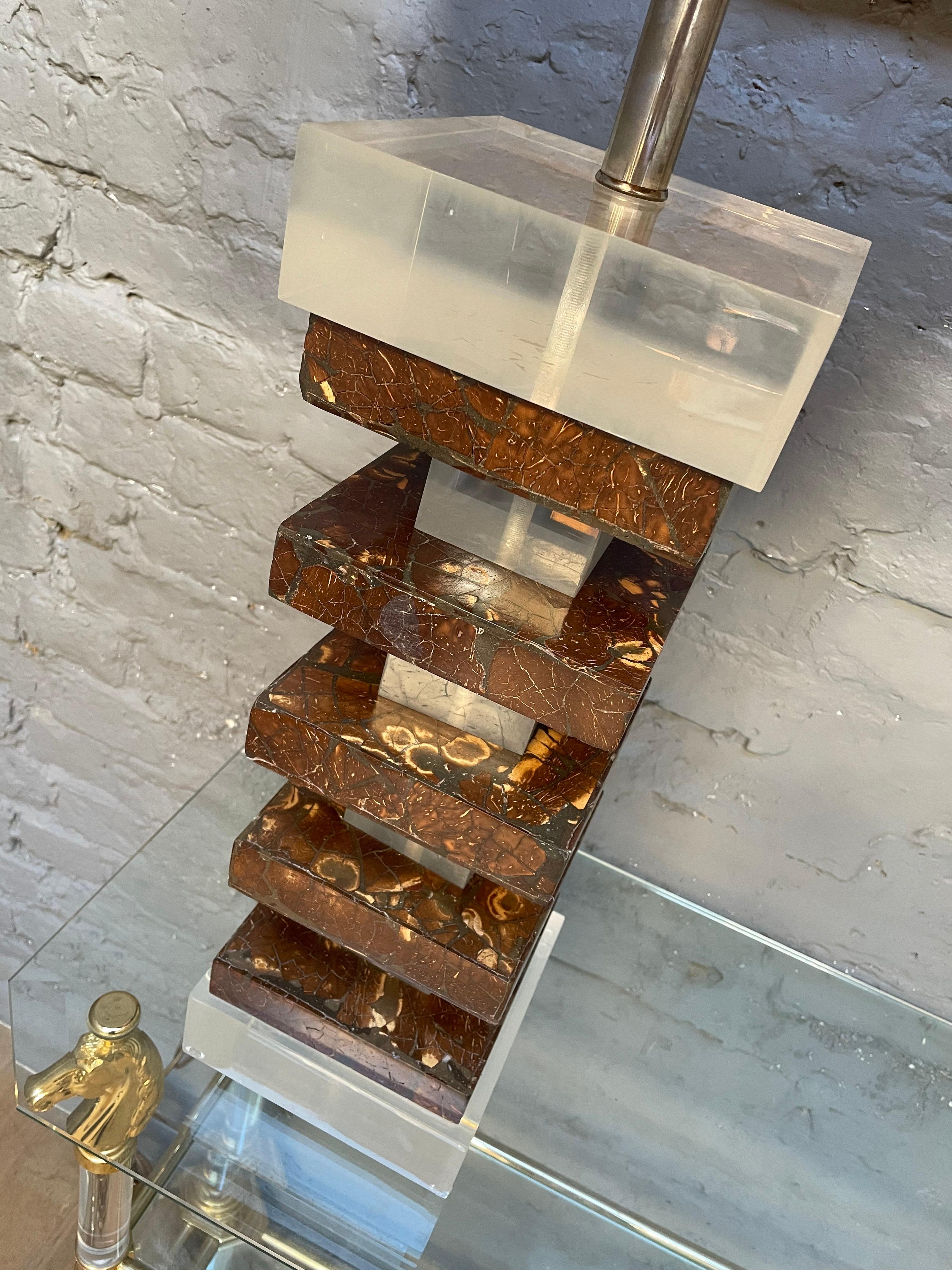 Pair of Tall Lucite and Faux Tortoise Shell Stacked Table Lamps 1