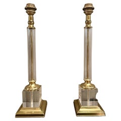 A Pair Of Tall Lucite And Lacquered Brass Column Table Lamps