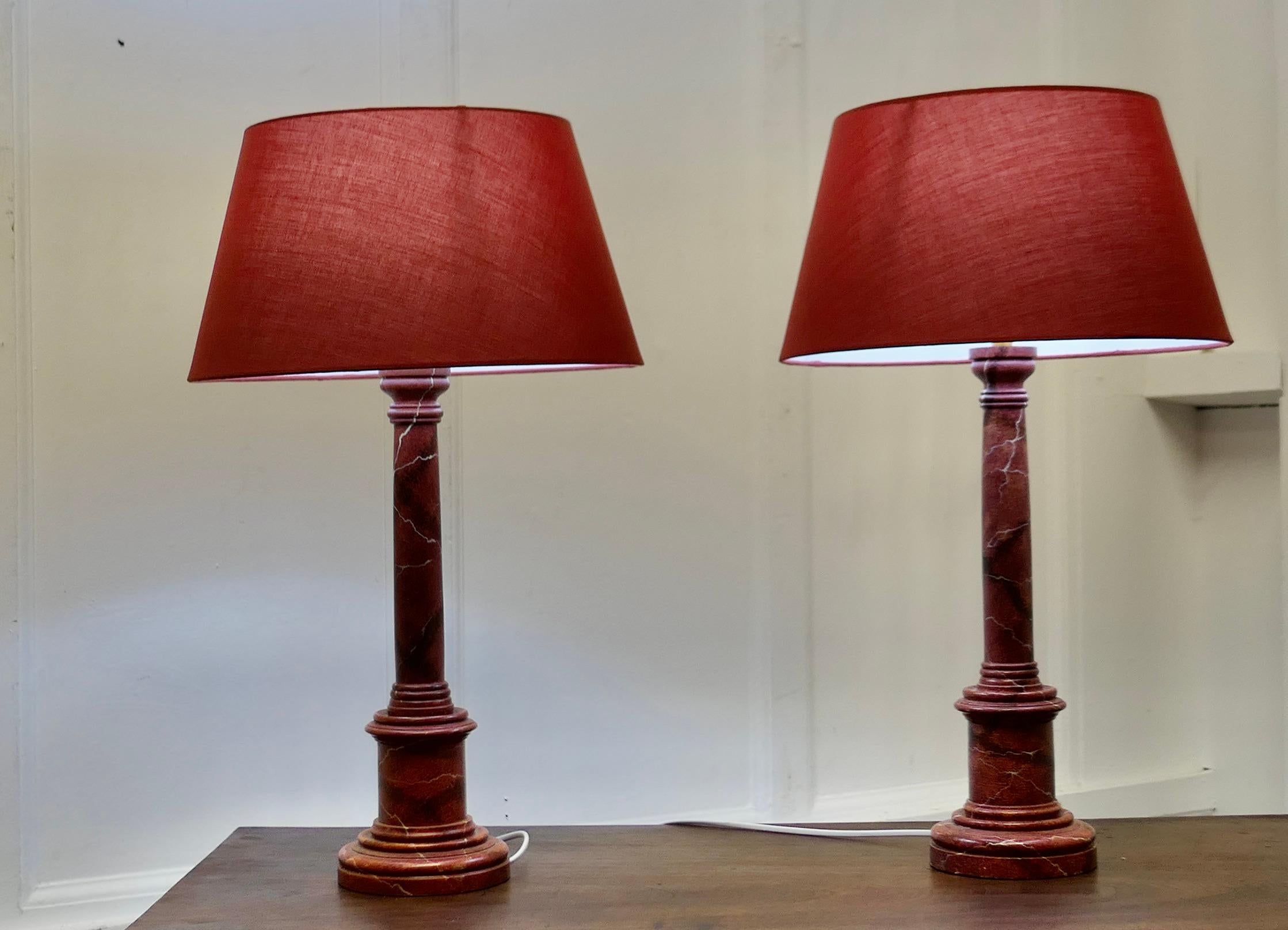 Art Deco A Pair of Tall Simulated Marble Bedside Lamps with Shades    For Sale
