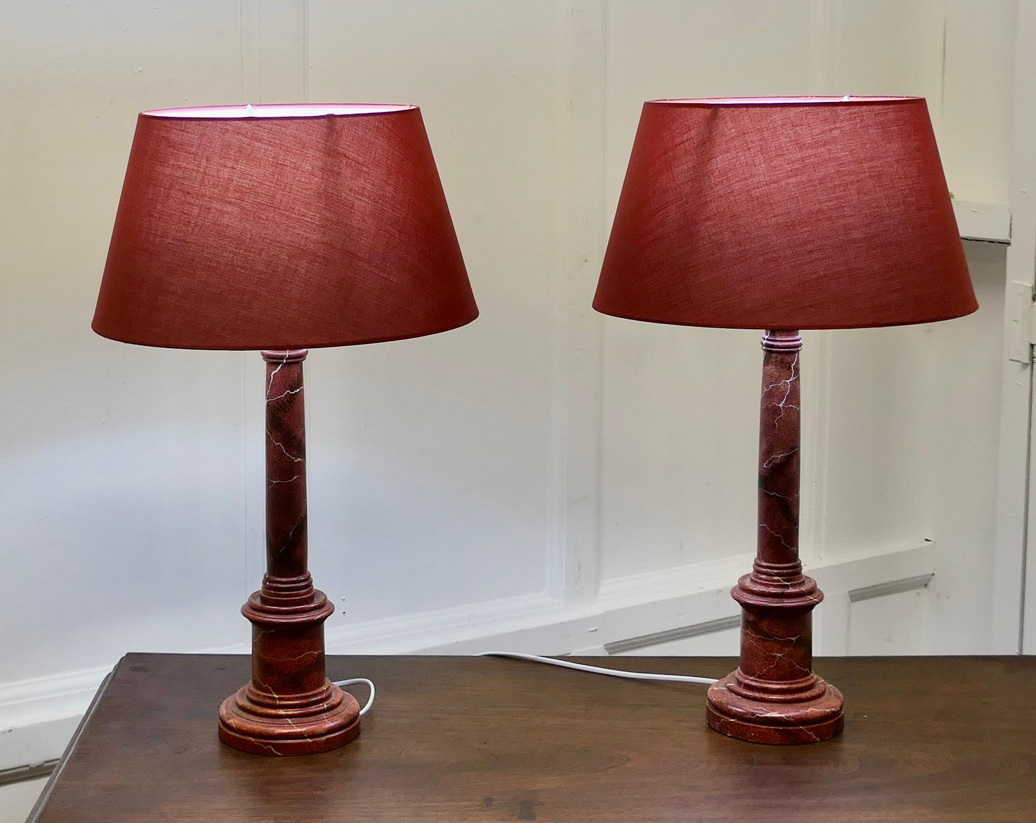 A Pair of Tall Simulated Marble Bedside Lamps with Shades    In Good Condition For Sale In Chillerton, Isle of Wight