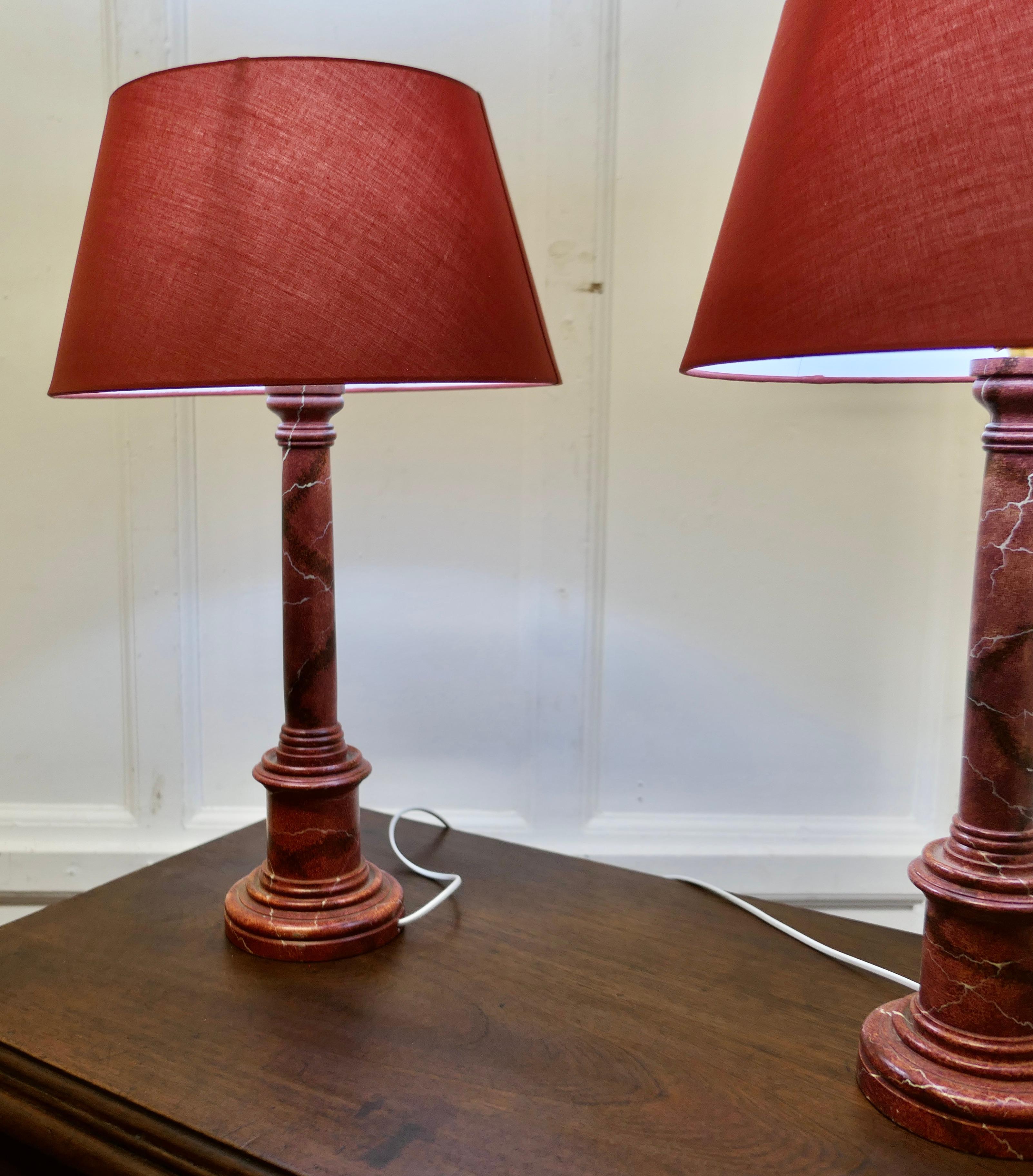 Mid-20th Century A Pair of Tall Simulated Marble Bedside Lamps with Shades    For Sale
