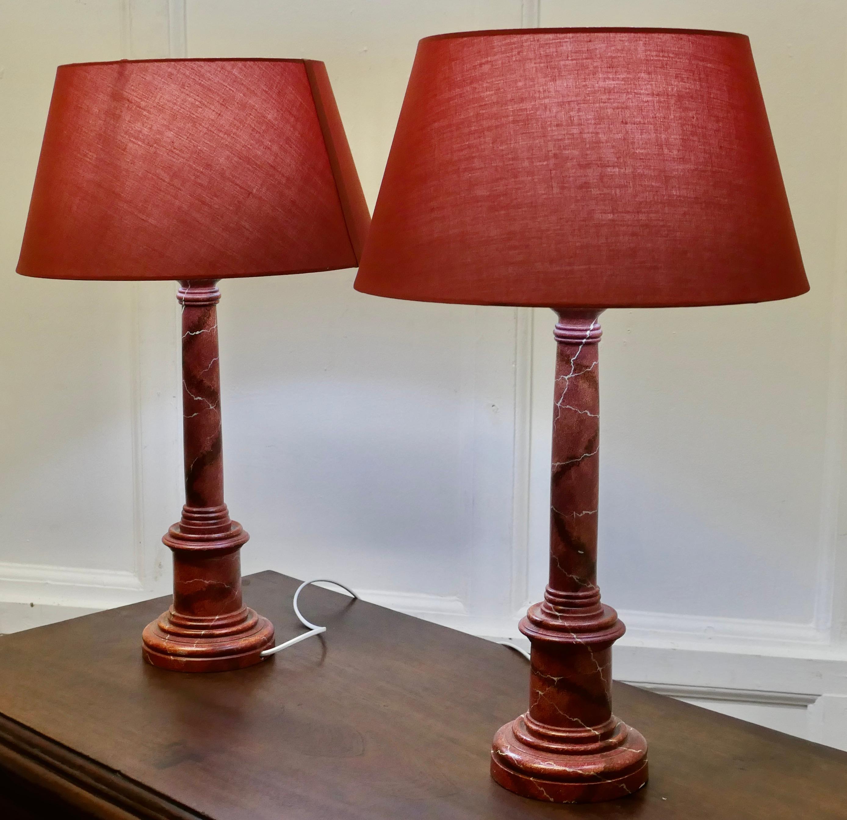 A Pair of Tall Simulated Marble Bedside Lamps with Shades    For Sale 1