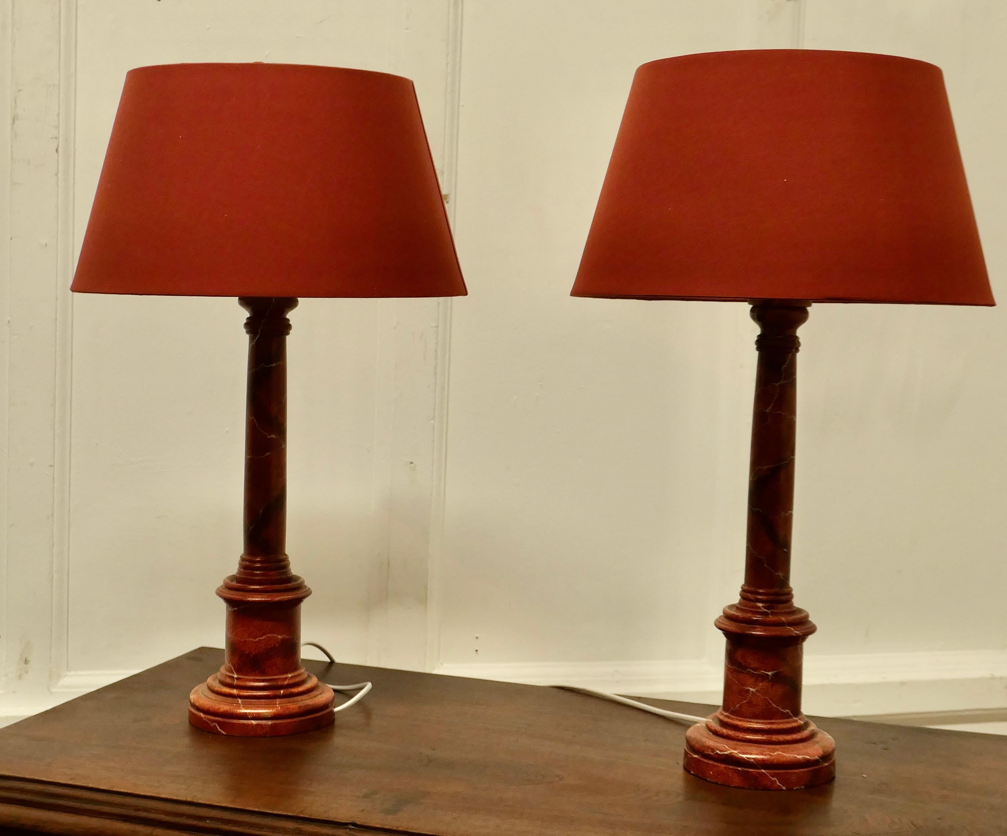 A Pair of Tall Simulated Marble Bedside Lamps with Shades    For Sale 2