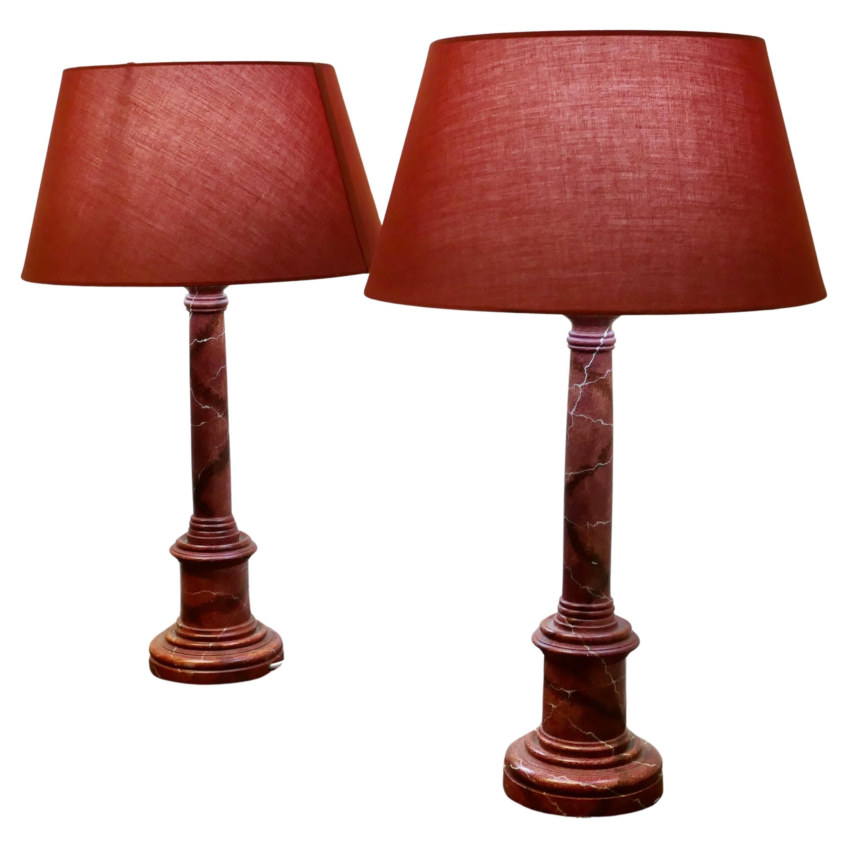 A Pair of Tall Simulated Marble Bedside Lamps with Shades    For Sale