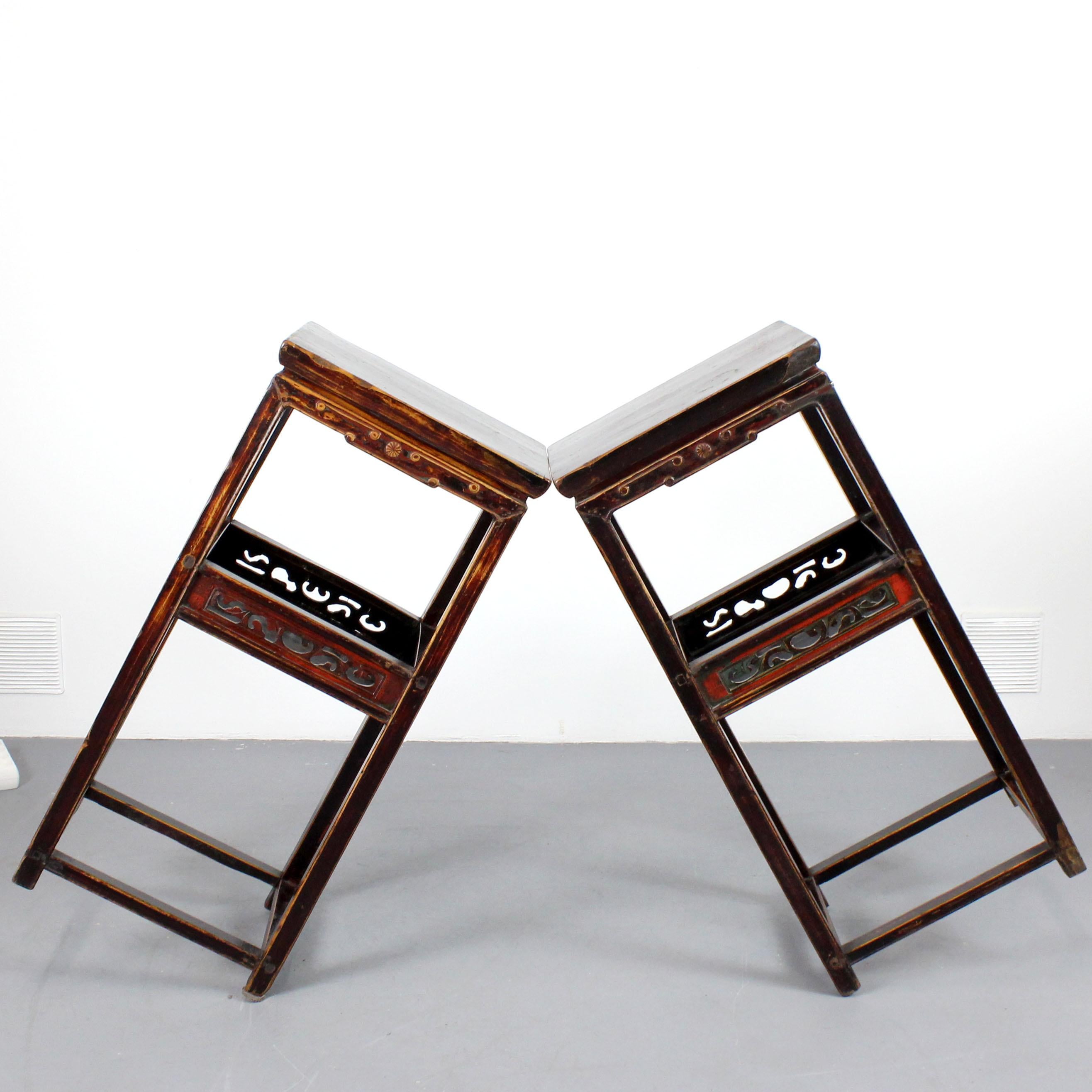 19th Century A pair of tall tables, stools, or pedestals crafted from carved and polychromed For Sale