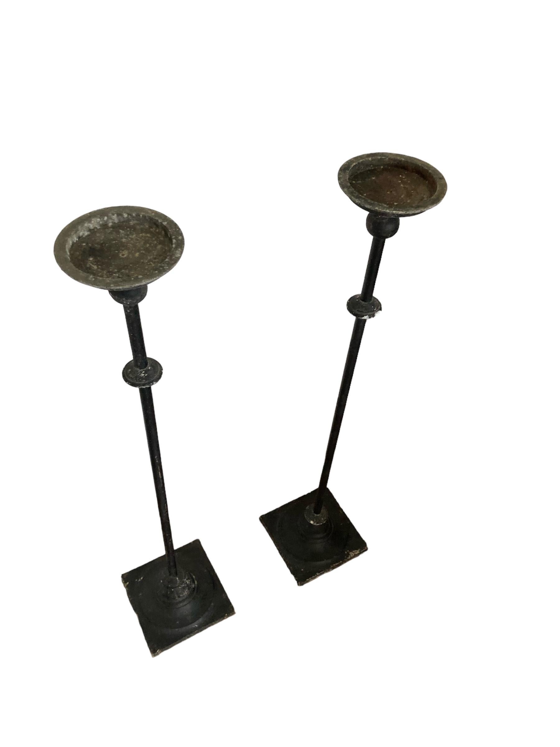 Gothic Revival A Pair of Tall Wrought Iron Church Floor Candle Holders Gothic Style For Sale