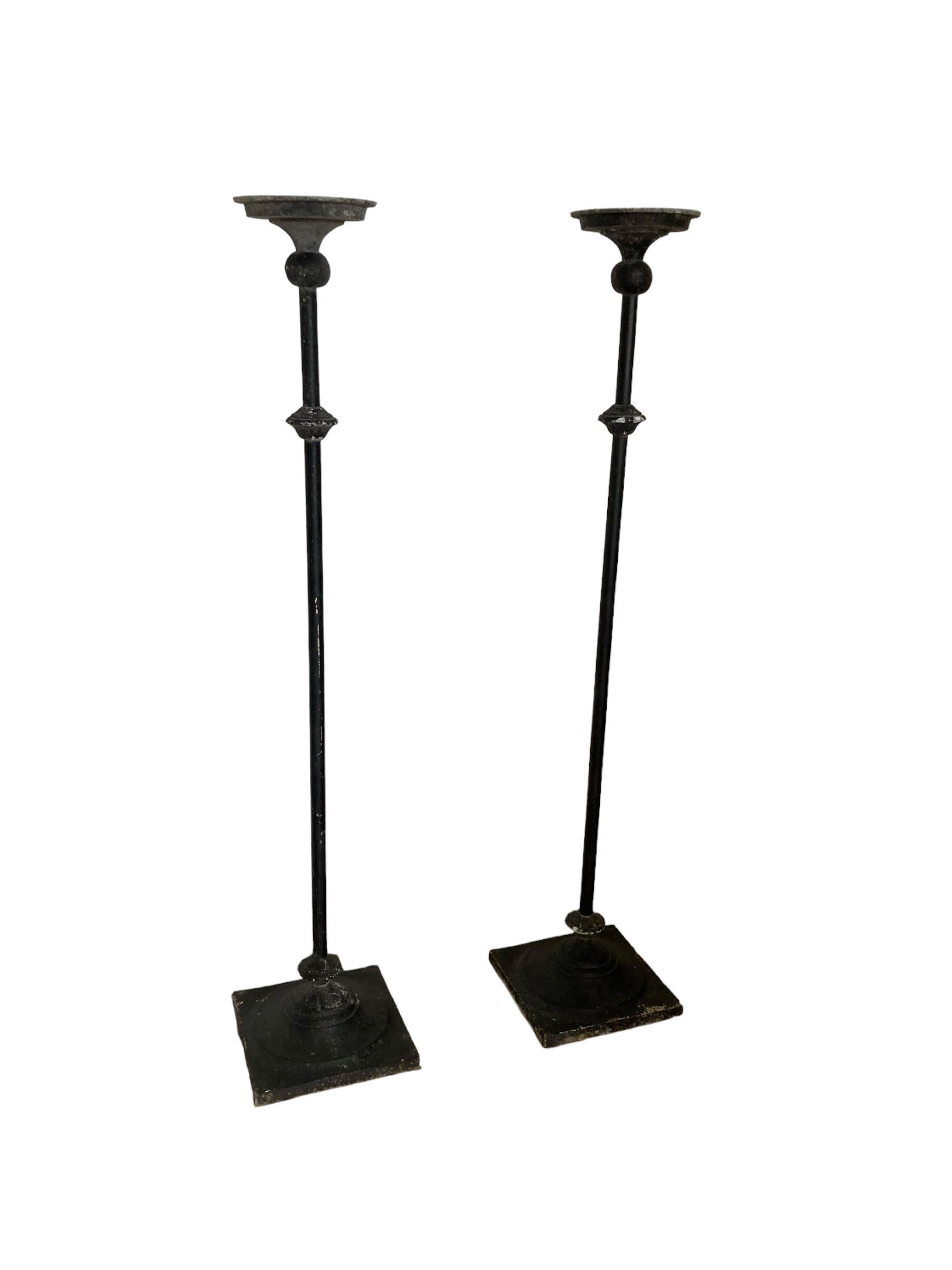 British A Pair of Tall Wrought Iron Church Floor Candle Holders Gothic Style For Sale
