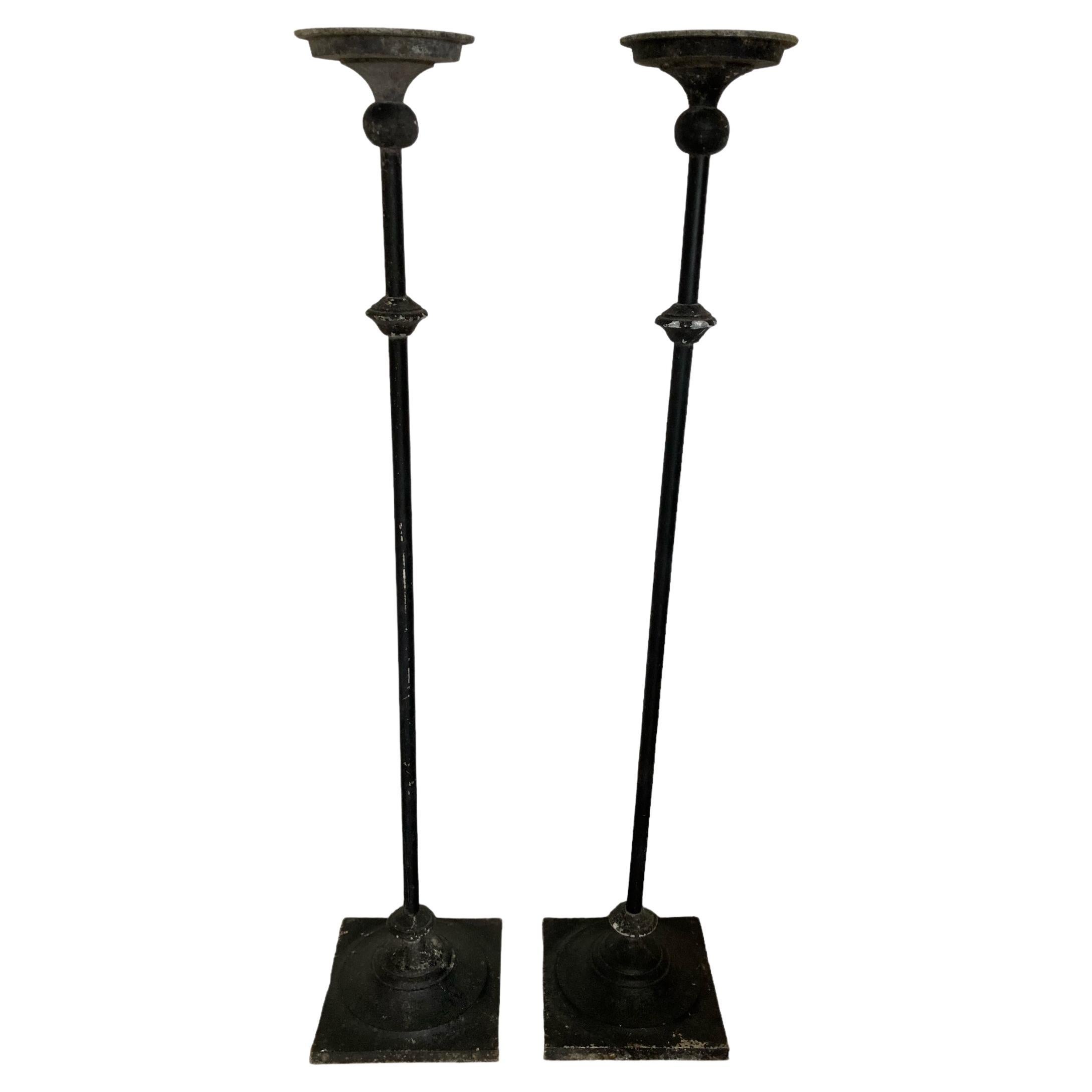 A Pair of Tall Wrought Iron Church Floor Candle Holders Gothic Style For Sale