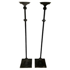 Antique A Pair of Tall Wrought Iron Church Floor Candle Holders Gothic Style