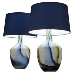 Pair Of Tamara Aladin "Coral" Table Lamps In Opaline Glass, Blue & Green, 1970s