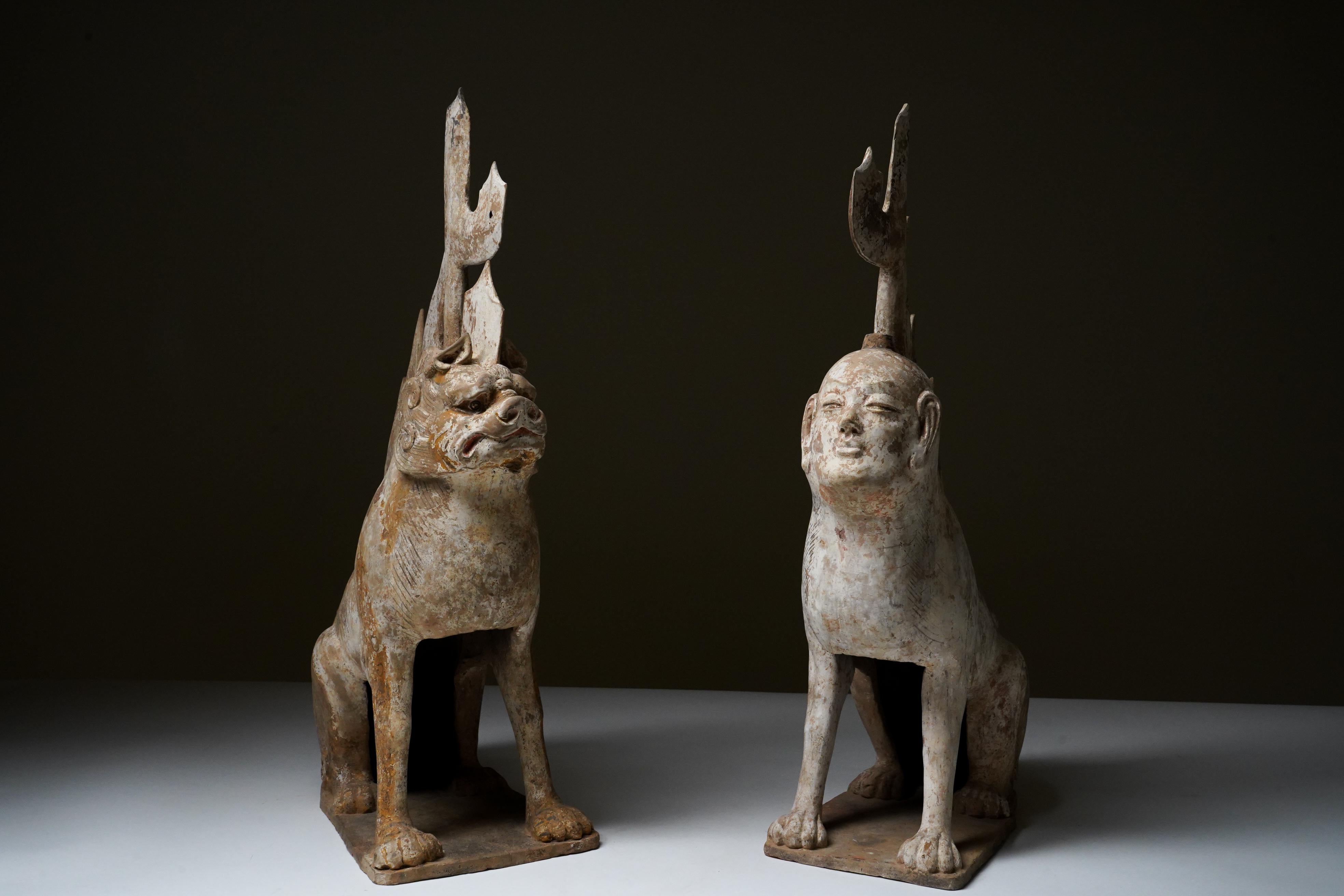 Chinese A Pair of Tang Dynasty (618-907 CE) Pottery Earth Spirit Figures For Sale