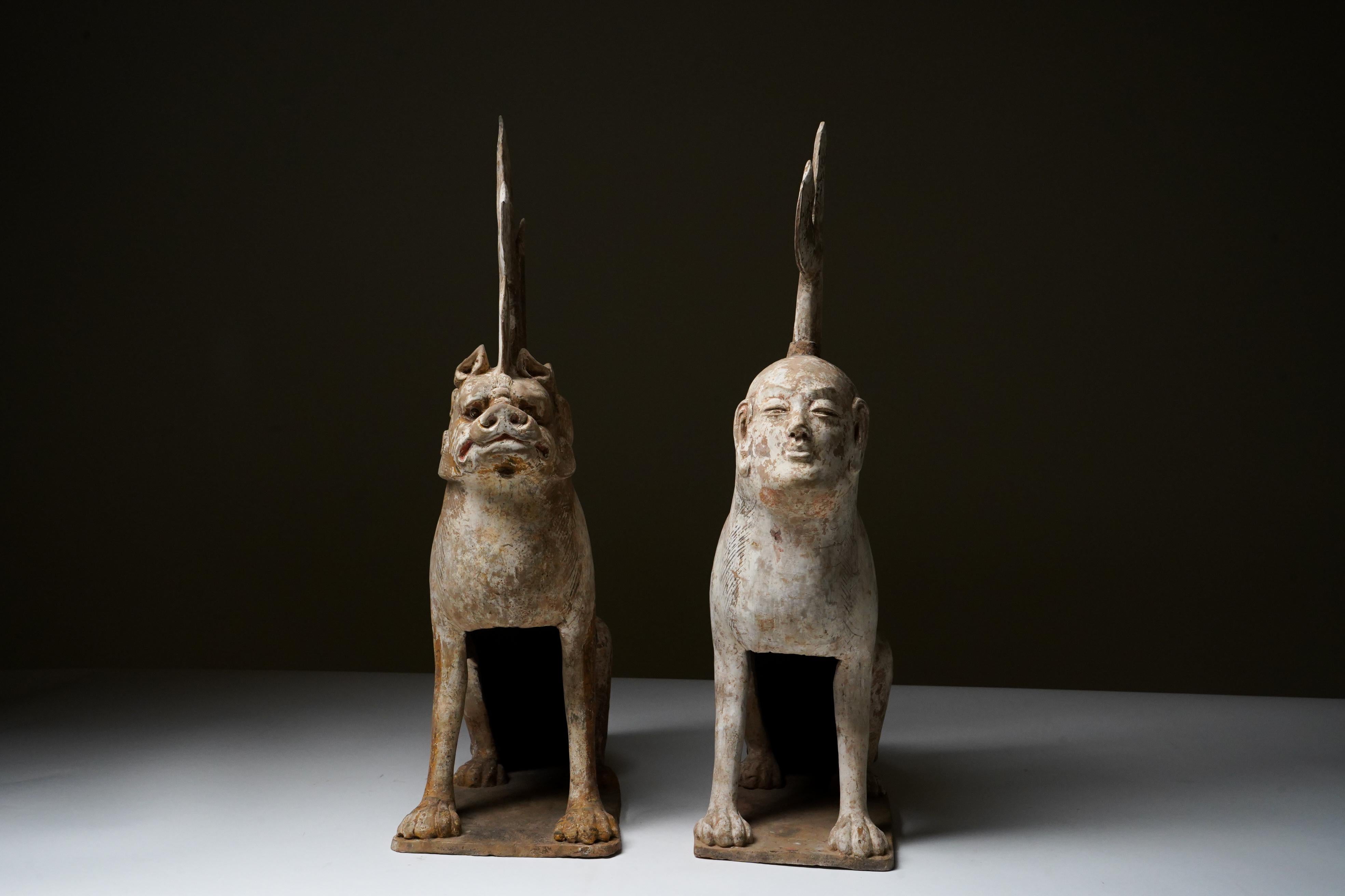 A Pair of Tang Dynasty (618-907 CE) Pottery Earth Spirit Figures In Good Condition For Sale In Chicago, IL