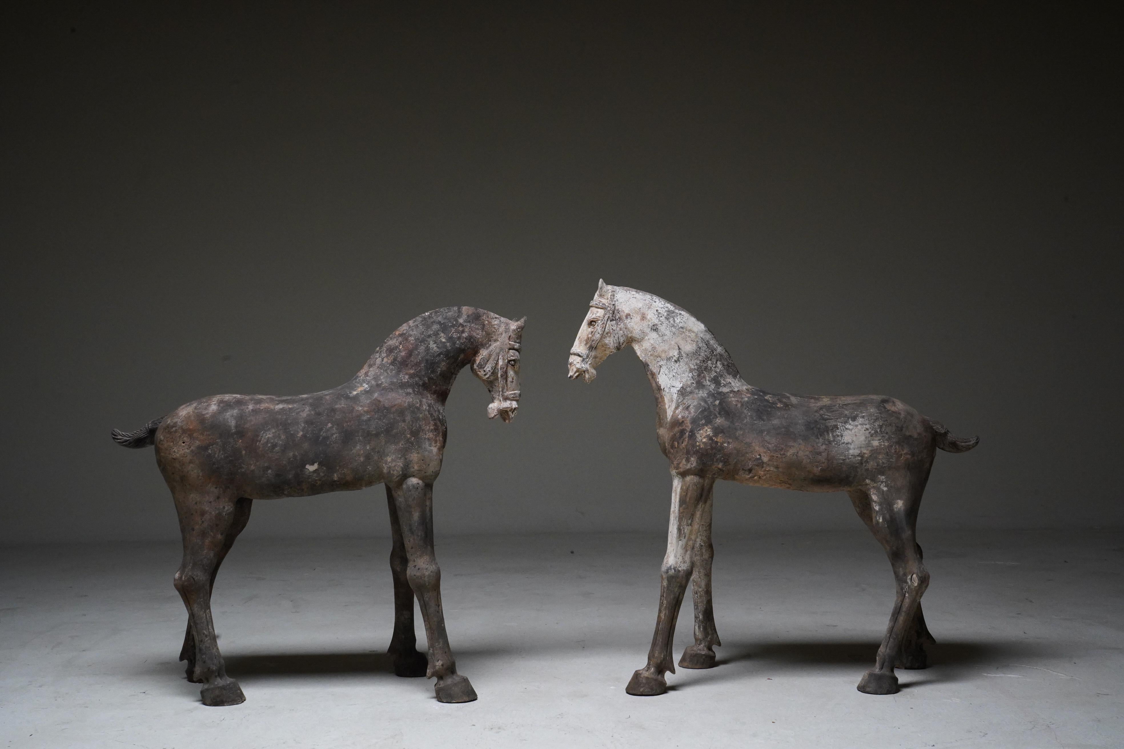 A rare pair of early Tang Dynasty (618-907 CE) grey pottery horses with original pigments. Each horse stands foursquare, with legs splayed outward in a posture of power and repose. One horse's head is slightly turned to the left. The other horse